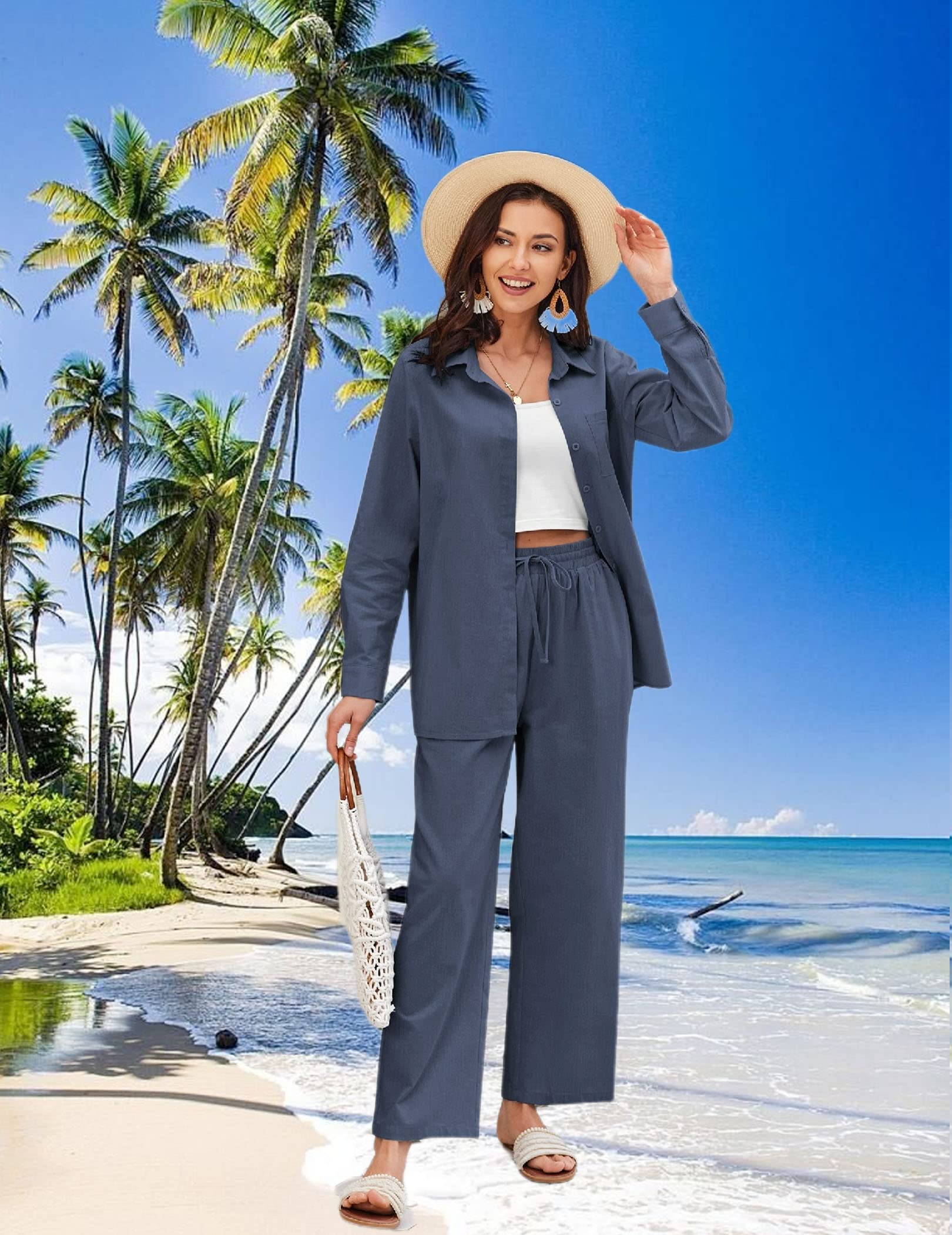Zeagoo Women's Linen Suit Two Piece Set - Summer Beach Outfit with Linen Shirt and Pants | Casual Wear, Vacation, Travel & Outdoor Activities