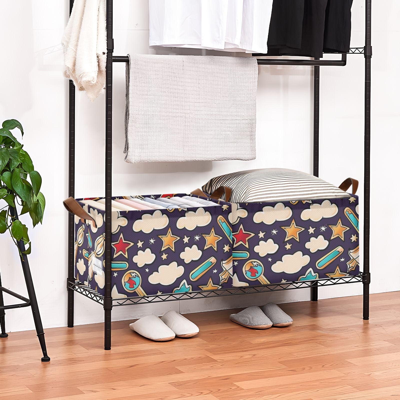 Cloud Star Collapsible Fabric Storage Baskets with Handles - 2 Pack Foldable Organizer Bins for Shelves, Closet & Wardrobe | Perfect for Home Organization, Bedroom Storage & Kids Toy Containers