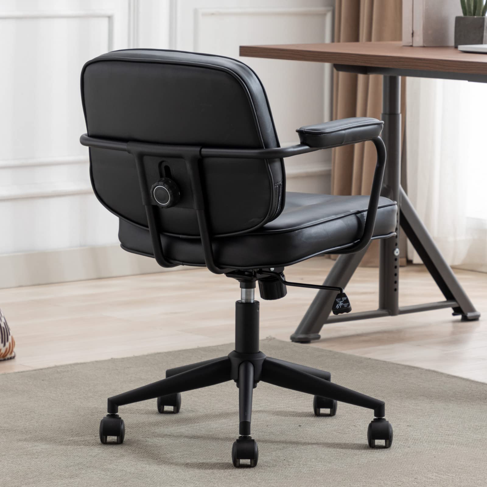 LukeAlon Adjustable PU Leather Office Chair - 360° Swivel Ergonomic Desk Chair with Armrests, Thickened Seat & Tilt Function for Home Office, Study or Gaming - Modern Button Tufted Computer Chair in Black