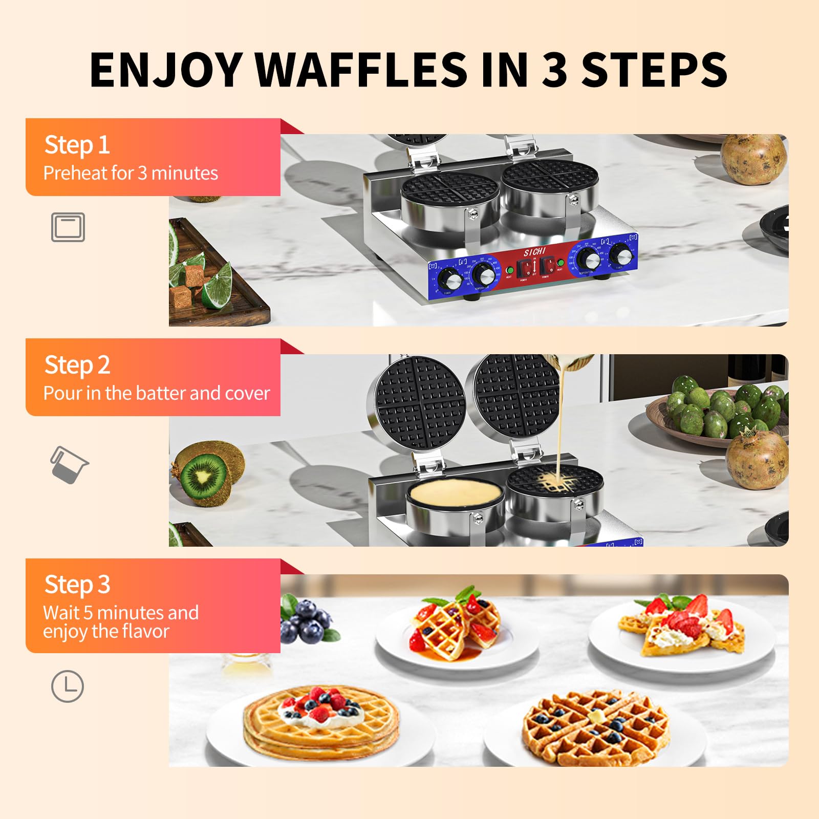 Commercial Waffle Maker 2400W - Dual Non-Stick Baking Plates, 550°F Temperature Control & Timer - Stainless Steel Waffle Iron for Restaurants, Hotels, Cafes - Perfect for Breakfast Service, Buffets, and Catering Events