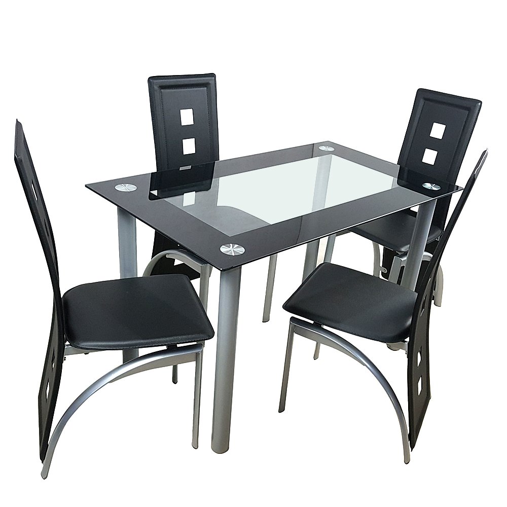 5-Piece Modern Glass Top Dining Table Set with 4 Faux Leather Chairs - Black Metal Frame Kitchen Furniture for Small Spaces, Apartments & Family Gatherings