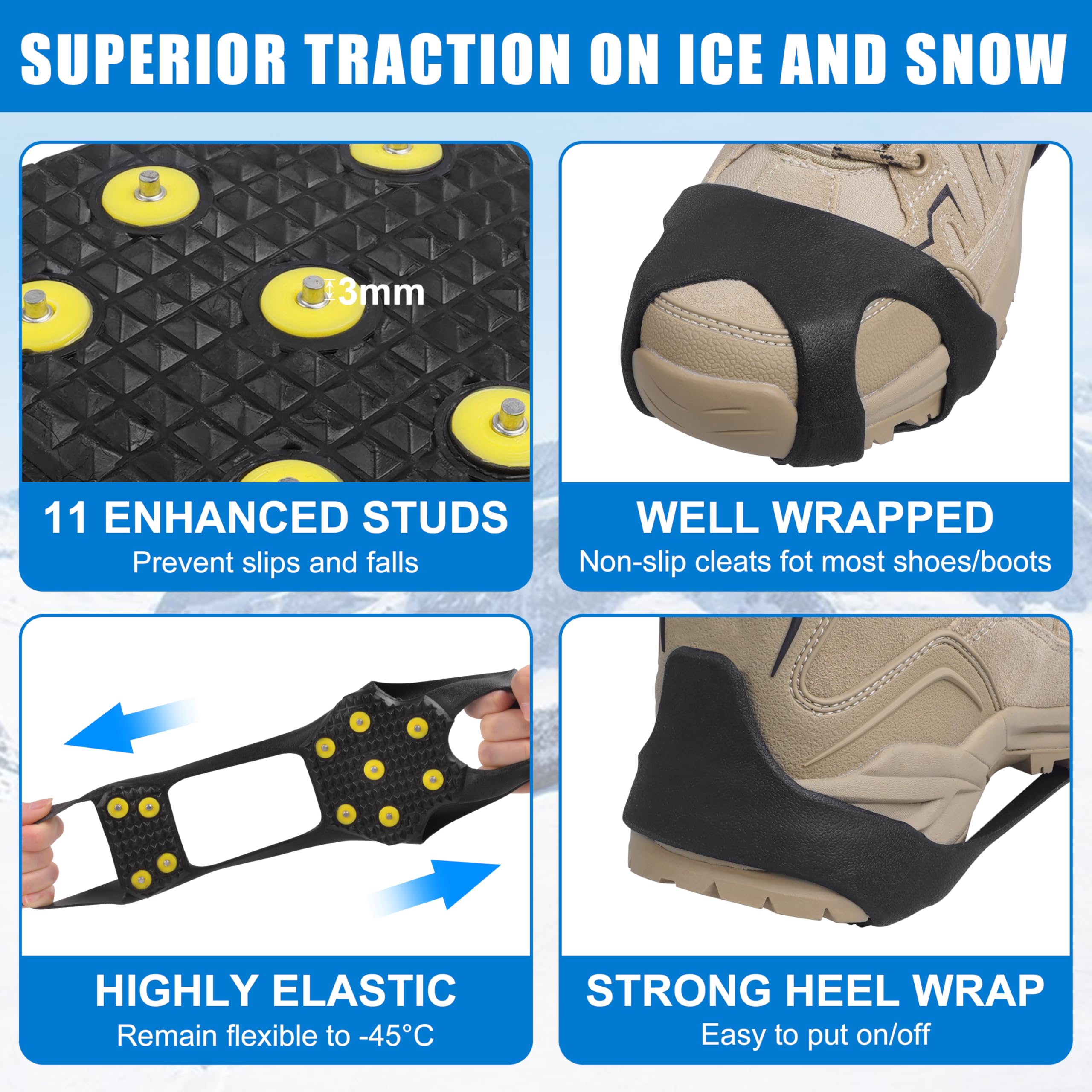 11-Stud Ice Cleats for Shoes & Boots - Anti-Slip Snow Traction Crampons for Men & Women | Perfect for Winter Hiking, Dog Walking & Icy Commutes