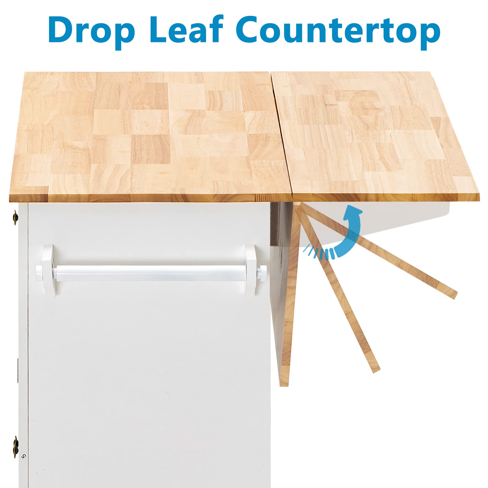 Rolling Kitchen Island with Drop Leaf – White Matte Movable Kitchen Cart on Wheels with Storage Cabinet, Rubber Wood Top, Rack, and Drawers – Perfect for Small Kitchens, Dining, and Entertaining