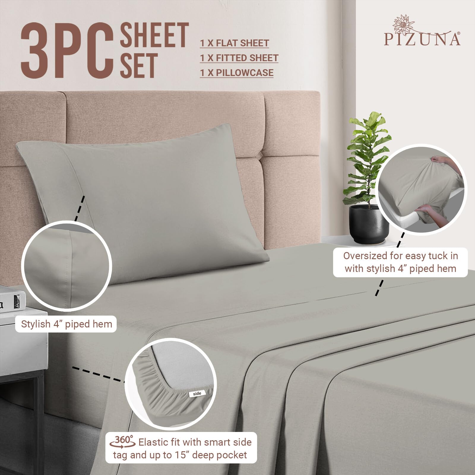 Pizuna Pure 100% Cotton Twin Size Bed Sheets - 400 Thread Count Long Staple Sateen Weave with 15