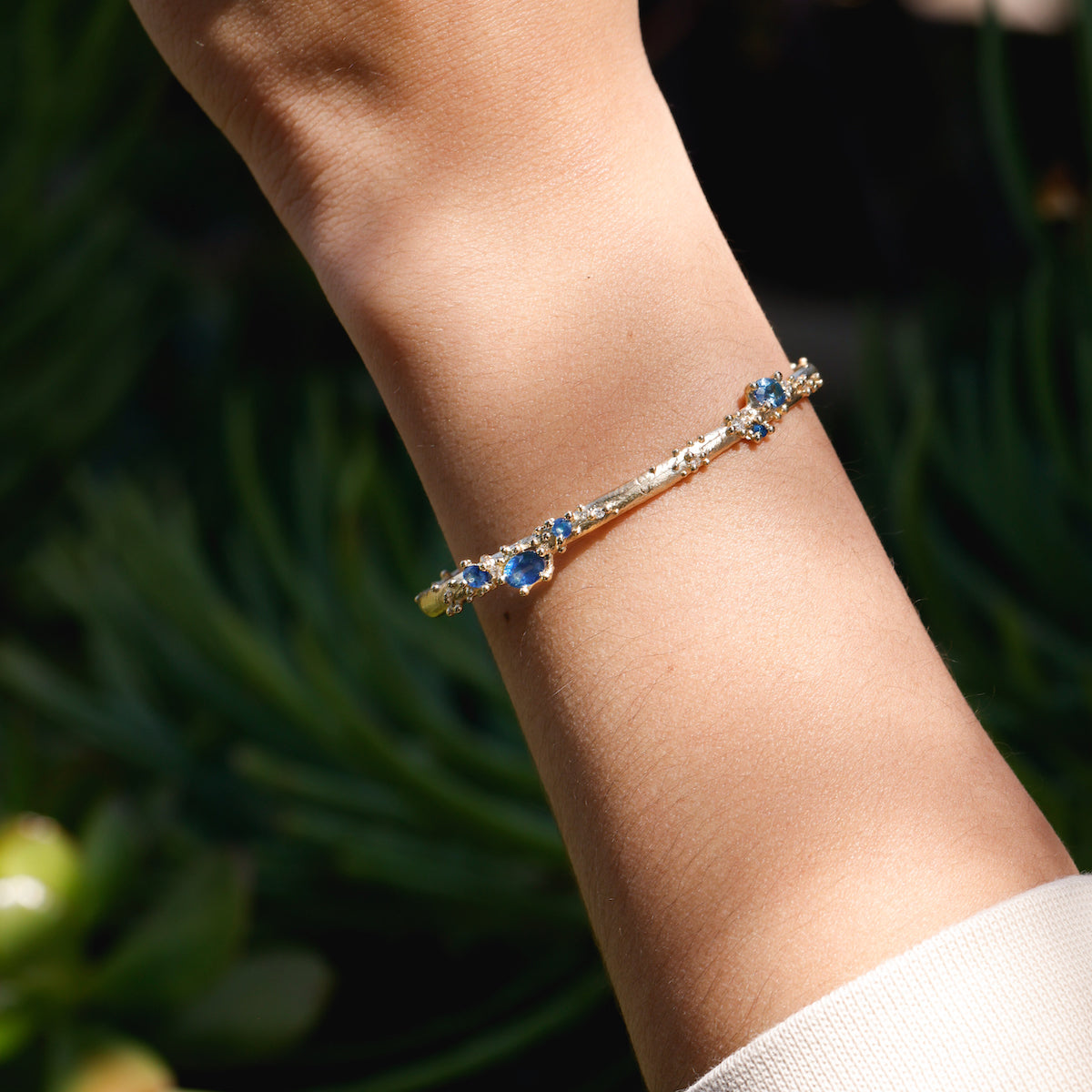 Exquisite 14K Gold Cuff Bracelet with Genuine Sapphire & Diamond Accents - Perfect for Weddings, Anniversaries & Special Occasions