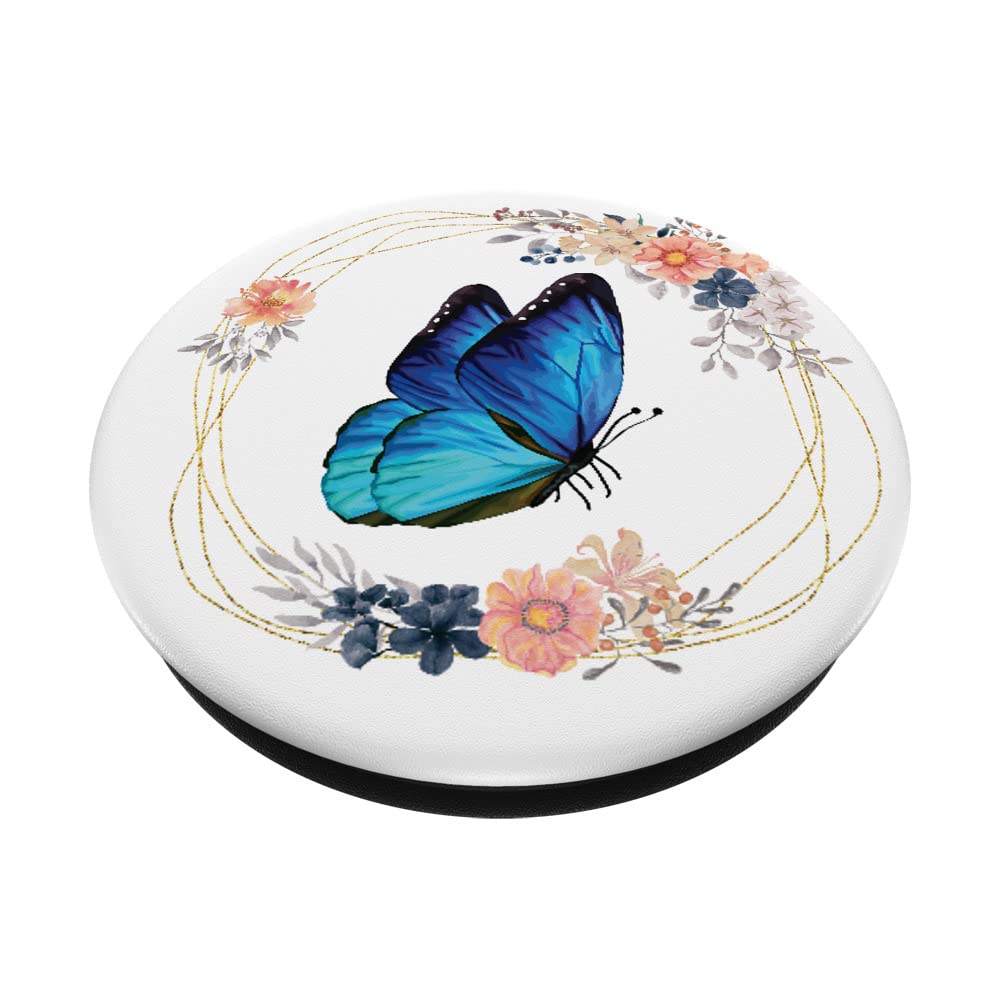 Blue Butterfly Floral Wreath PopSockets Swappable PopGrip - Phone Grip Stand for iPhone, Samsung & Smartphones | Perfect for Selfies, Videos & Secure Holding