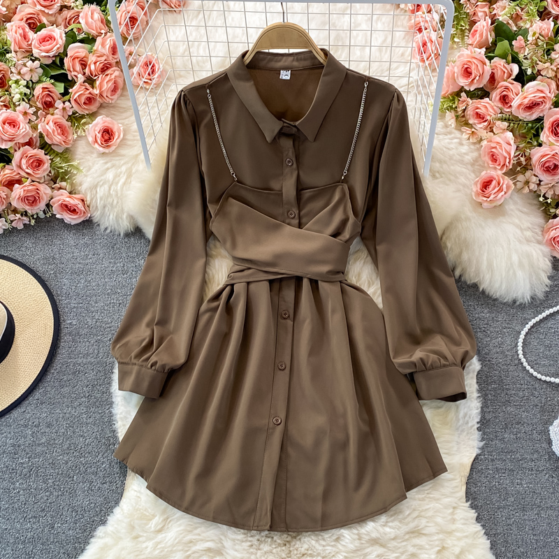 Korean Style Autumn Long Sleeve Shirt Dress for Women - Fashionable Loose Fit Tunic Top with Belt - Perfect for Office, Dating & Fall Outfits