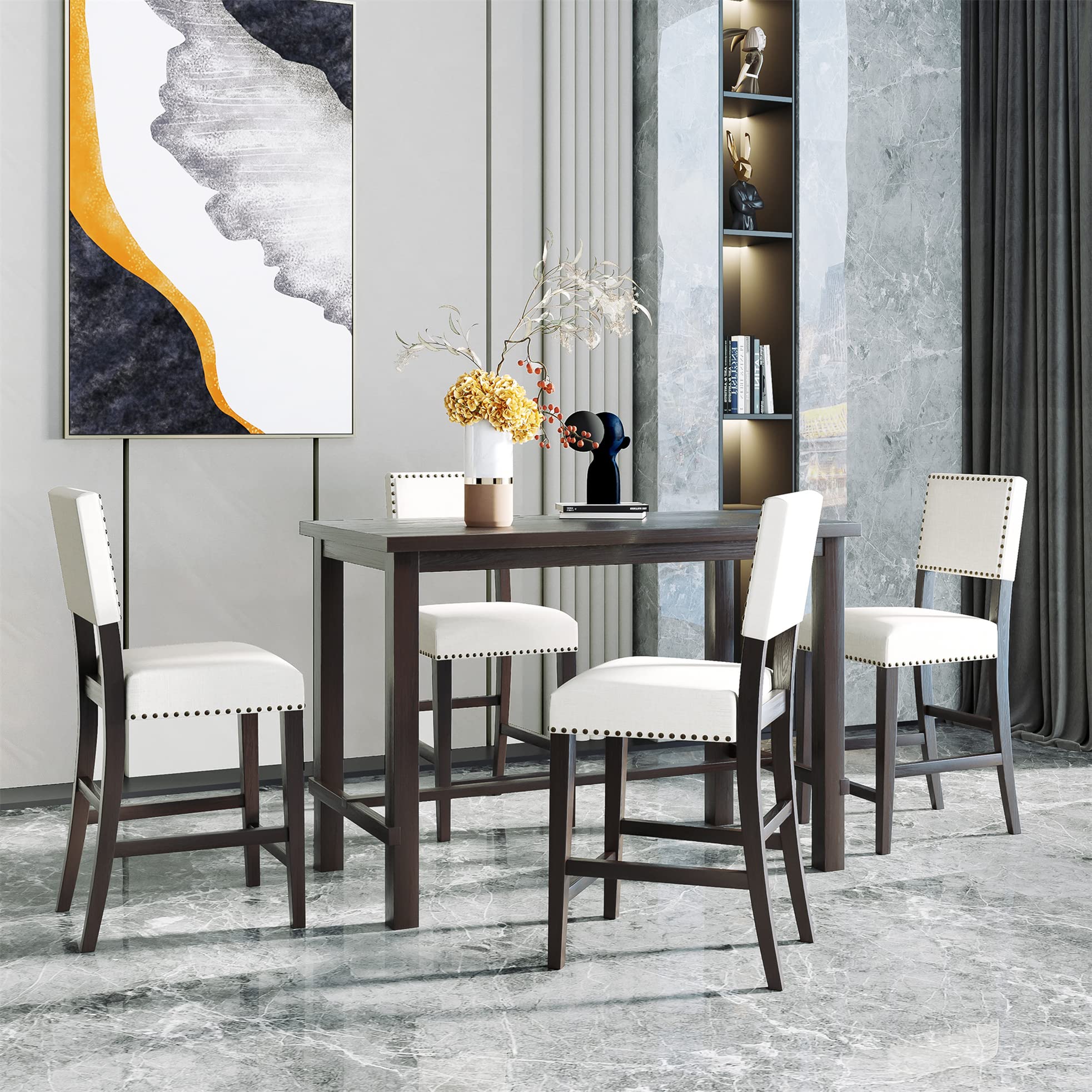 Harper & Bright Designs 5-Piece Wooden Rectangular Counter Height Dining Table Set with 4 Upholstered Chairs - Classic Elegant Kitchen Furniture in Espresso & Beige | Perfect for Small Spaces, Breakfast Nooks, and Modern Farmhouse Dining Rooms