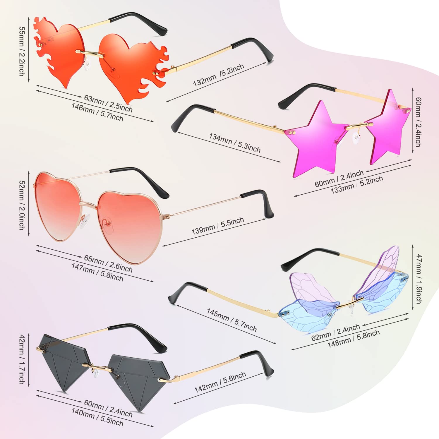 9-Piece Fun Party Sunglasses Set - Heart, Butterfly, Cloud, Rimless, Mushroom & Star Shaped Disco Glasses - Funny Photo Props for Costume Parties, Bachelorette, Halloween & Festival Favors | Perfect for Themed Events, Photo Booths & Social Media