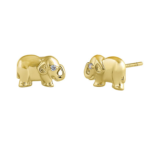 14K Yellow Gold Elephant Stud Earrings with Round CZ Stones - Perfect for Women's Jewelry Gifts, Birthday, Anniversary & Everyday Wear