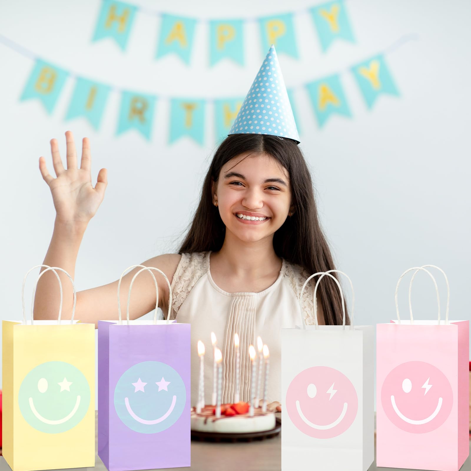 16PCS Smile Face Gift Paper Bags - Pastel Rainbow Kraft Party Favor Bags for Candy, Goodies & Decor | Perfect for Bachelorette Parties, Birthday Celebrations, Baby Showers & Preppy Themed Events