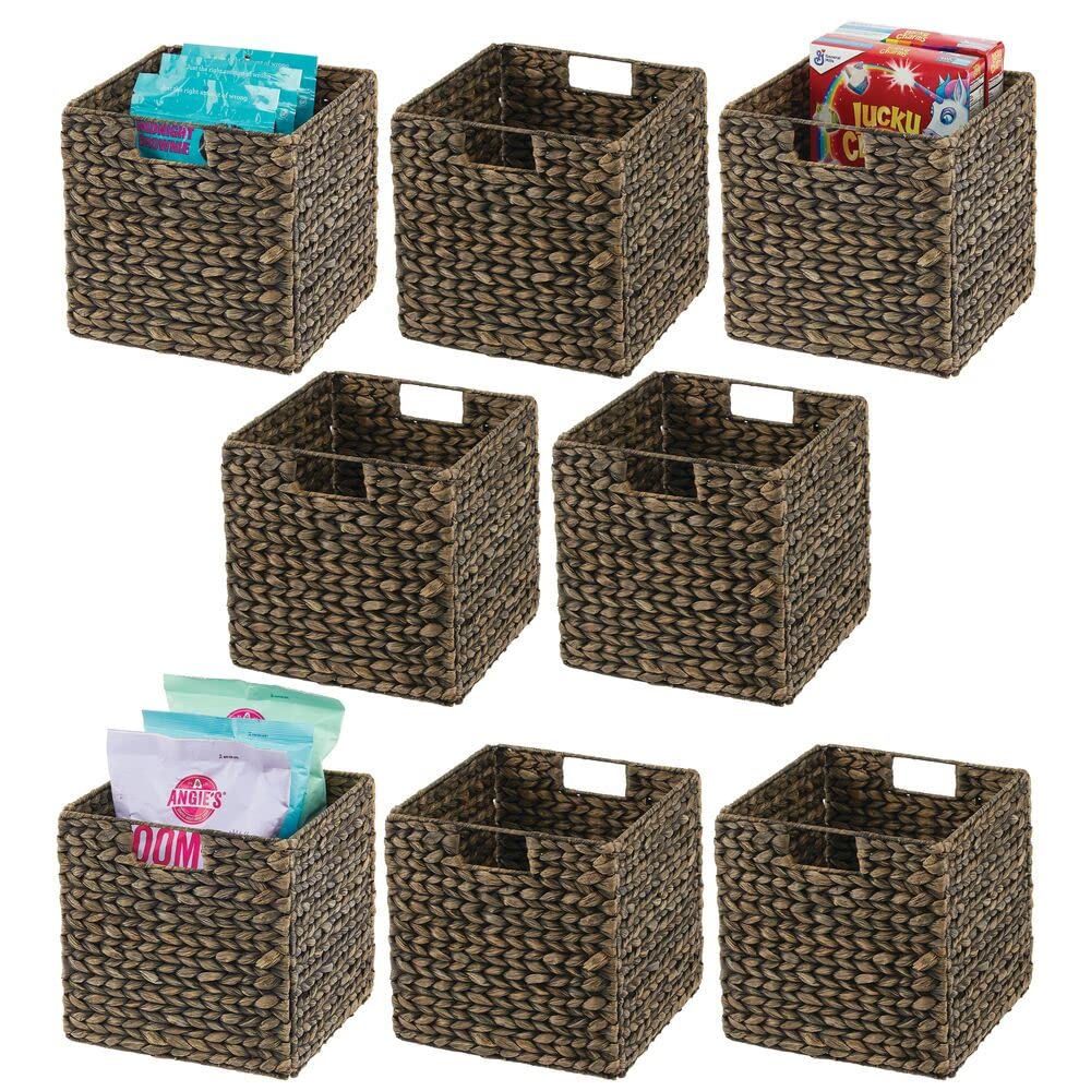 Natural Woven Hyacinth Storage Baskets with Handles - 8 Pack Black Wash - Kitchen, Pantry & Closet Organizer for Drinks, Snacks & Appliances - Perfect for Home, Office & Bathroom Storage Solutions