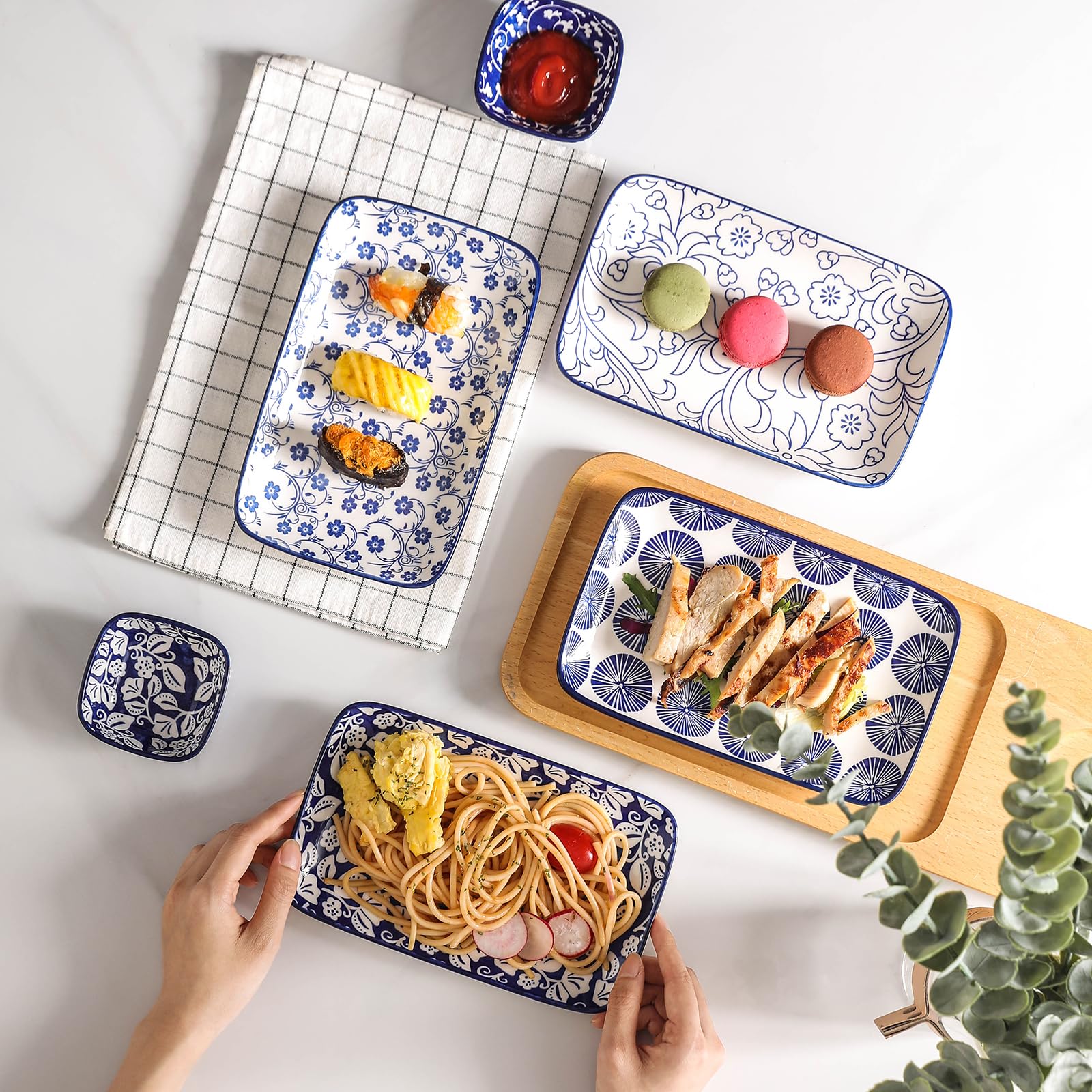 Selamica 8 Inch Ceramic Rectangular Salad Plates Set of 4 - Vintage Blue Small Dinner Plates for Party, Appetizers, Sushi & Dessert | Perfect for Entertaining, Restaurants & Home Dining