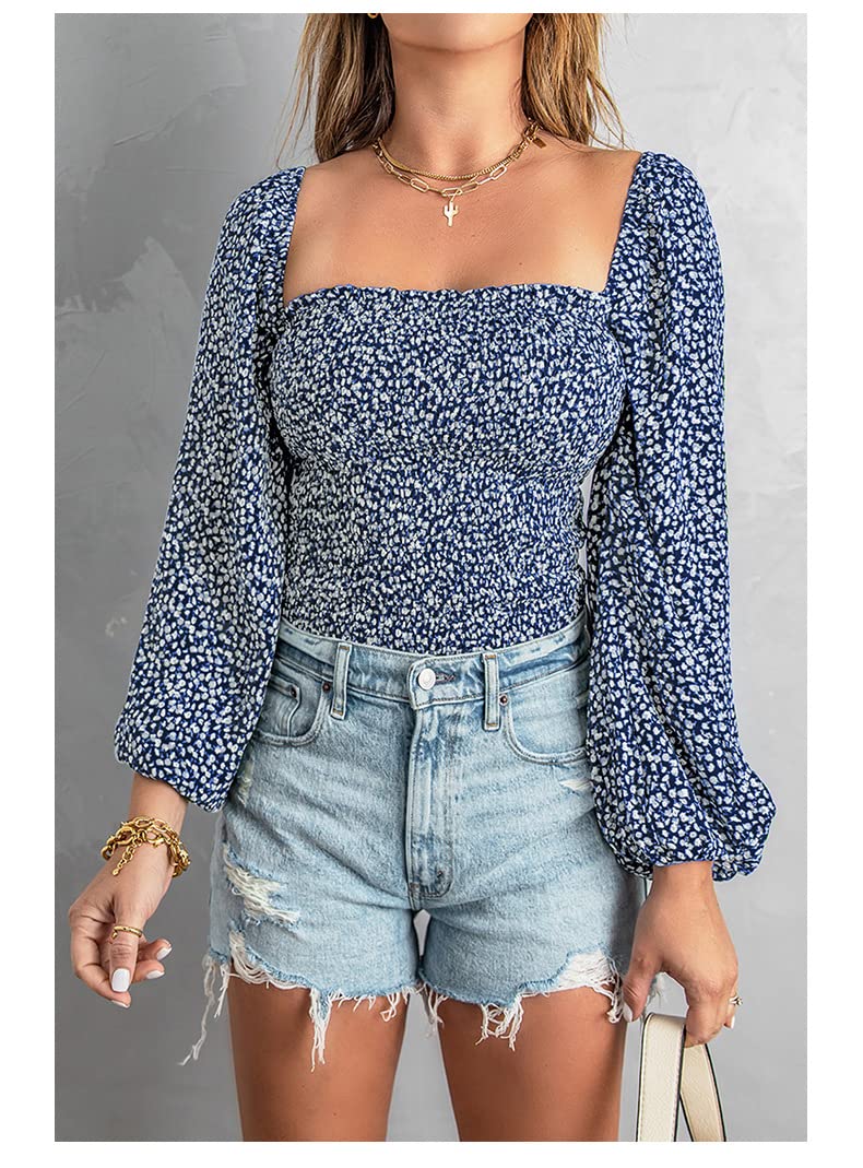 Women's Puff Sleeve Blouse - Elegant Square Neck Floral Print Long Sleeve Top for Casual & Dressy Occasions | Perfect for Office, Date Night & Special Events