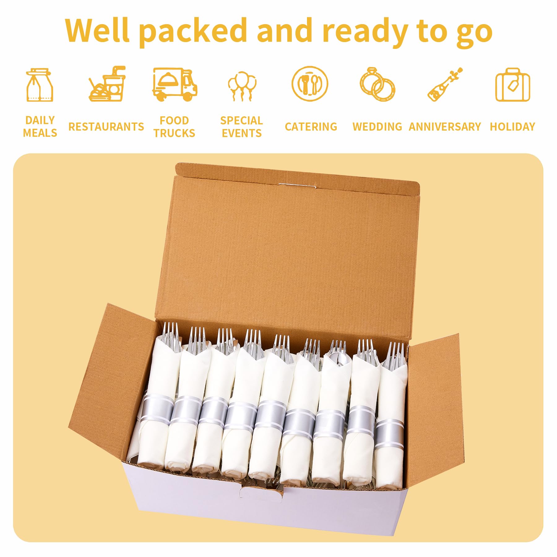 75-Piece Disposable Silver Plastic Cutlery Set - 25 Forks, 25 Knives, 25 Spoons with Napkins | Elegant Modern Flatware for Parties, Weddings, Catering & Events | Perfect for Home Dining, Picnics, Office Lunches & Special Occasions