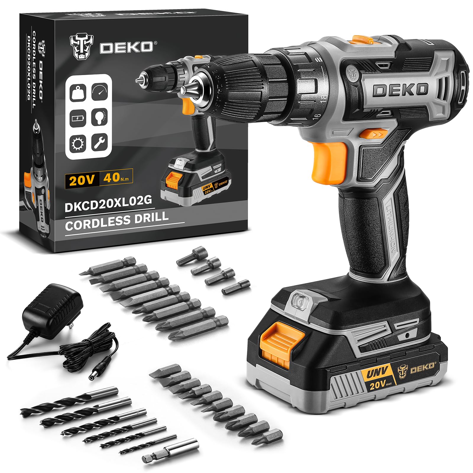 DEKO PRO 20V Cordless Drill Set with Battery & Charger - Powerful Electric Drill for Home DIY, Woodworking, and Construction Projects