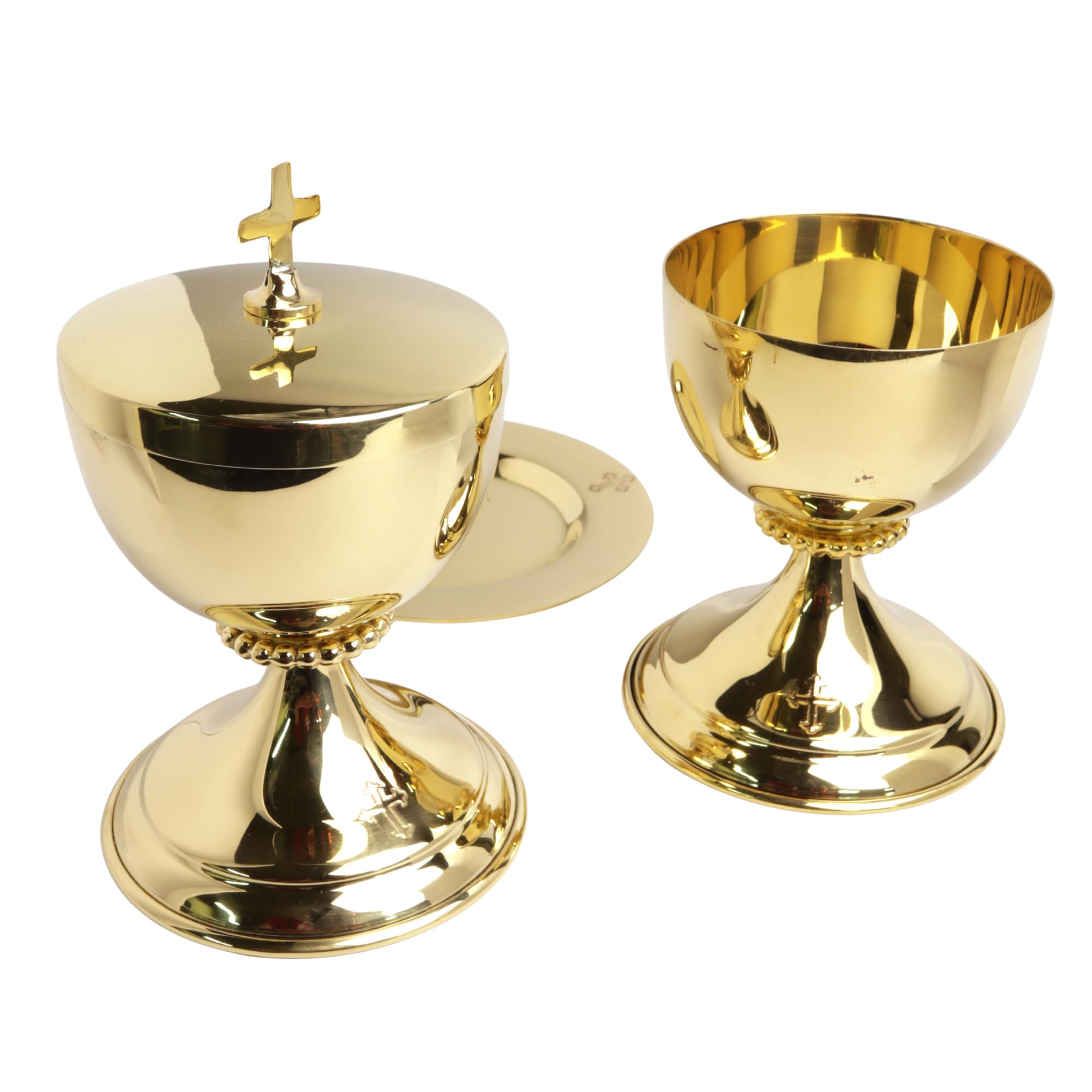 Needzo High Polished Brass Chalice, Paten and Ciborium Set - 5.75 Inch Catholic Church Communion Supplies for Holy Eucharist, Mass Celebrations & Religious Ceremonies