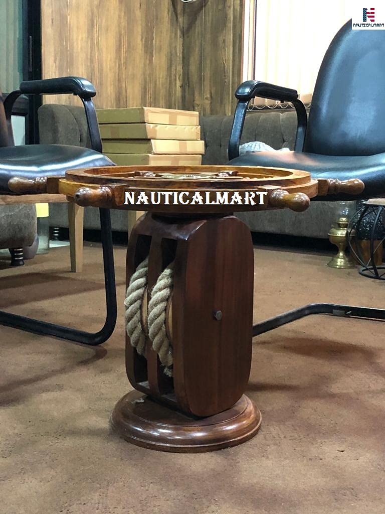 Nautical Ship Wheel Coffee Table with Rope Base - 36