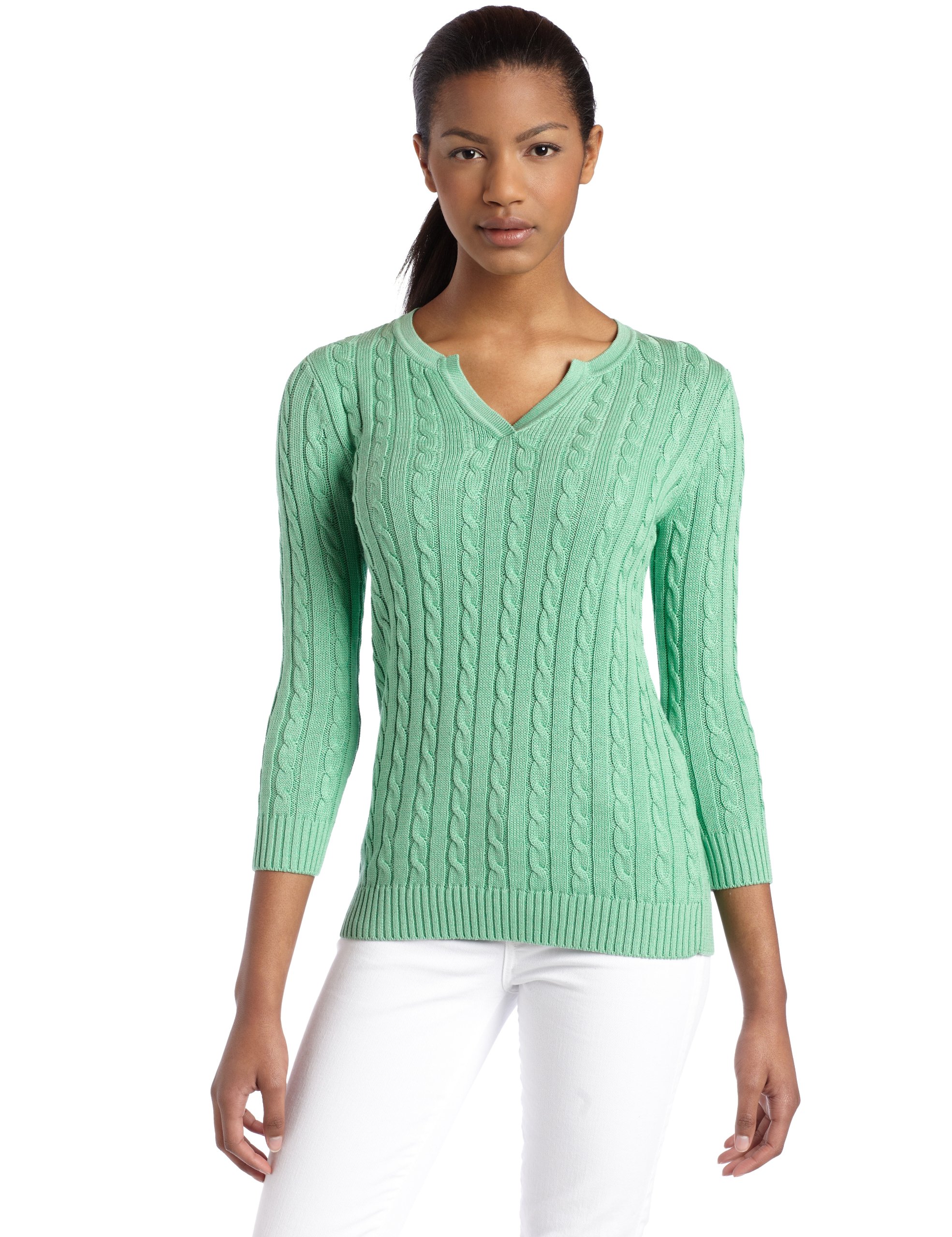 525 America Women's Split Neck Cable Knit Sweater - Soft Winter Pullover for Casual Wear & Holiday Outfits