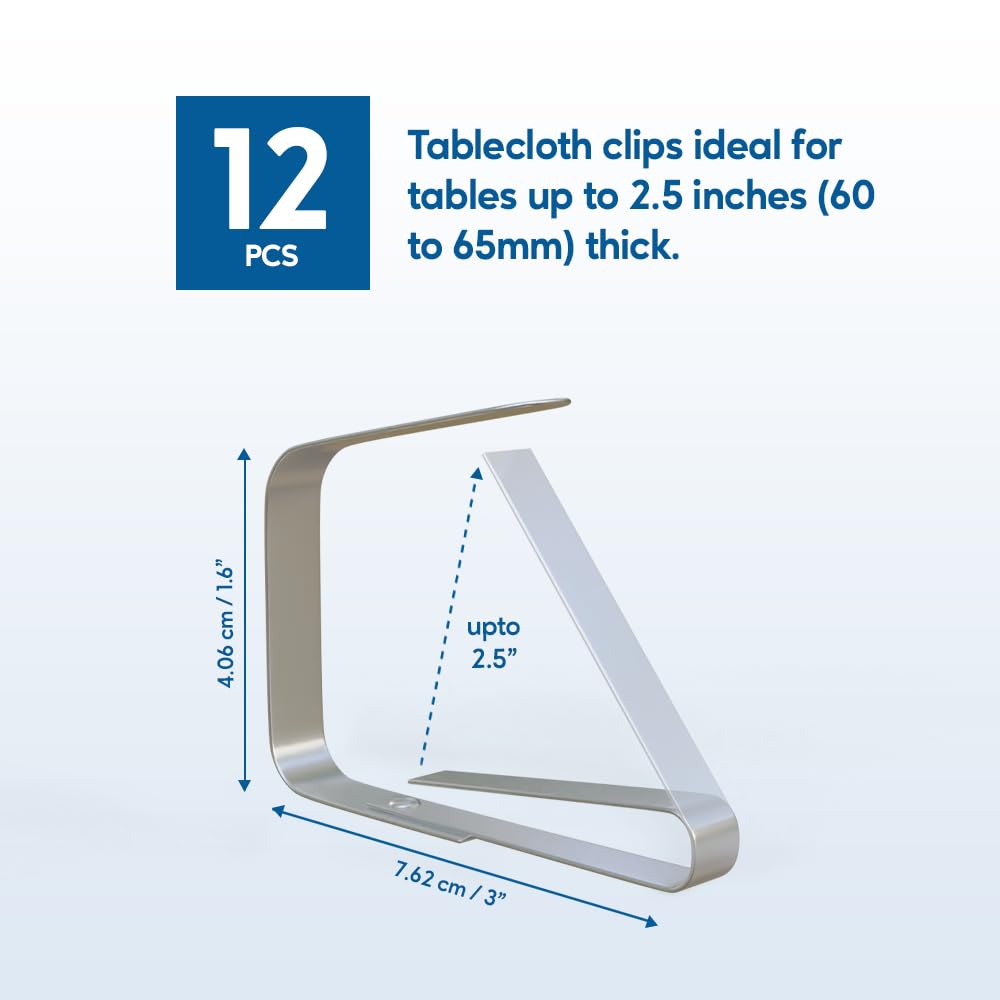 12 Pack Stainless Steel Picnic Tablecloth Clips - Heavy Duty Table Cloth Clamps for 2.5