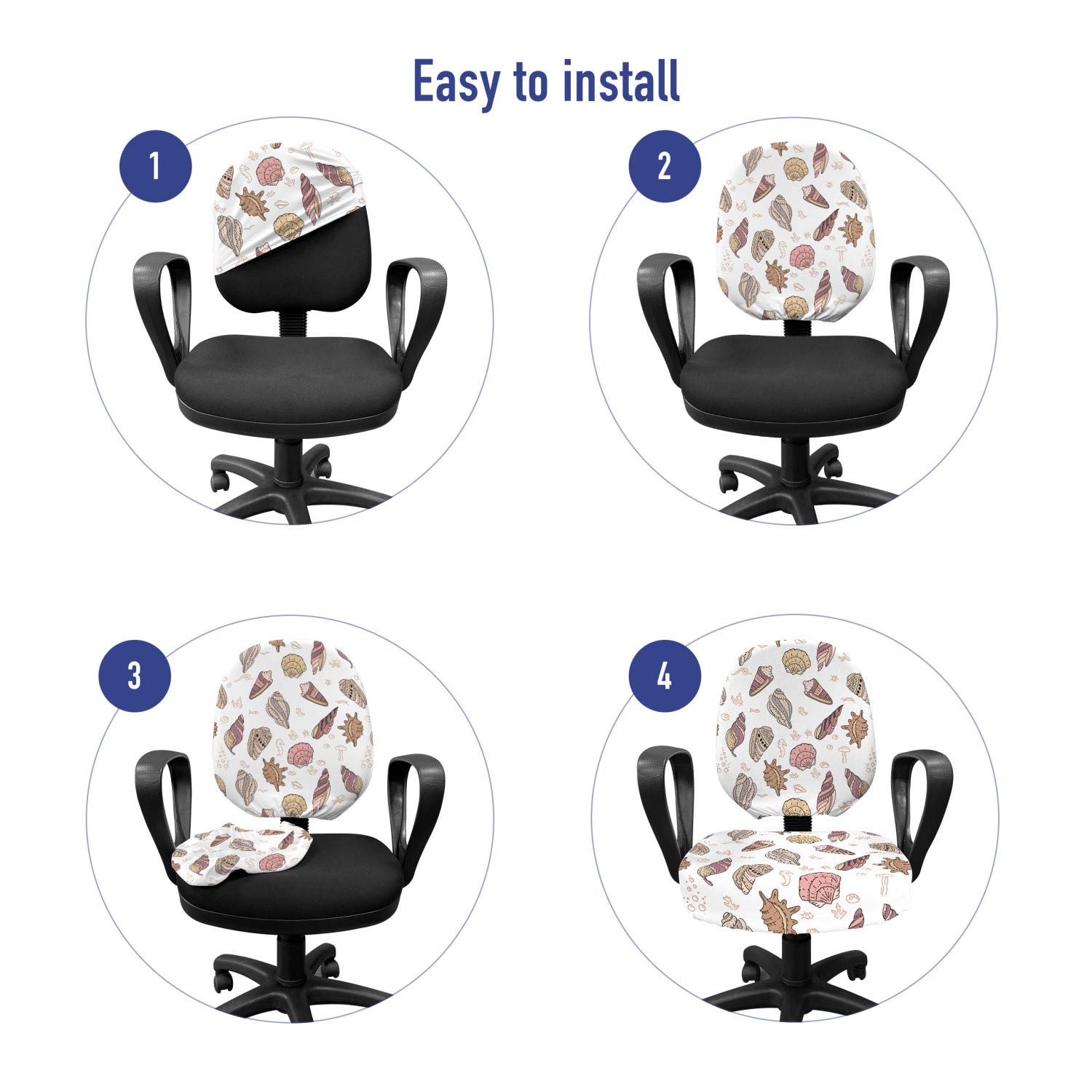 Ambesonne Nautical Office Chair Slipcover - Sun Symbols, Mollusk & Sea Shells Print Stretch Fabric Cover in White Beige Dried Rose | Waterproof Protective Decorative Chair Cover for Home Office, Living Room & Dining Room