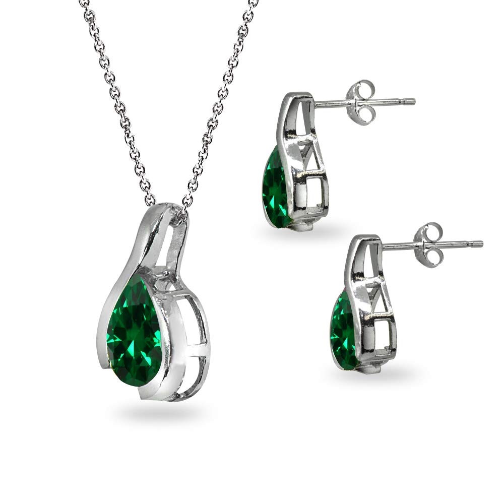 Women's Jewelry Sets - Birthstone Necklace & Earrings with Genuine/Synthetic Gems | Pear Cut Teardrop Pendant & Stud Earrings in Silver | Perfect for Gifts, Anniversaries & Special Occasions