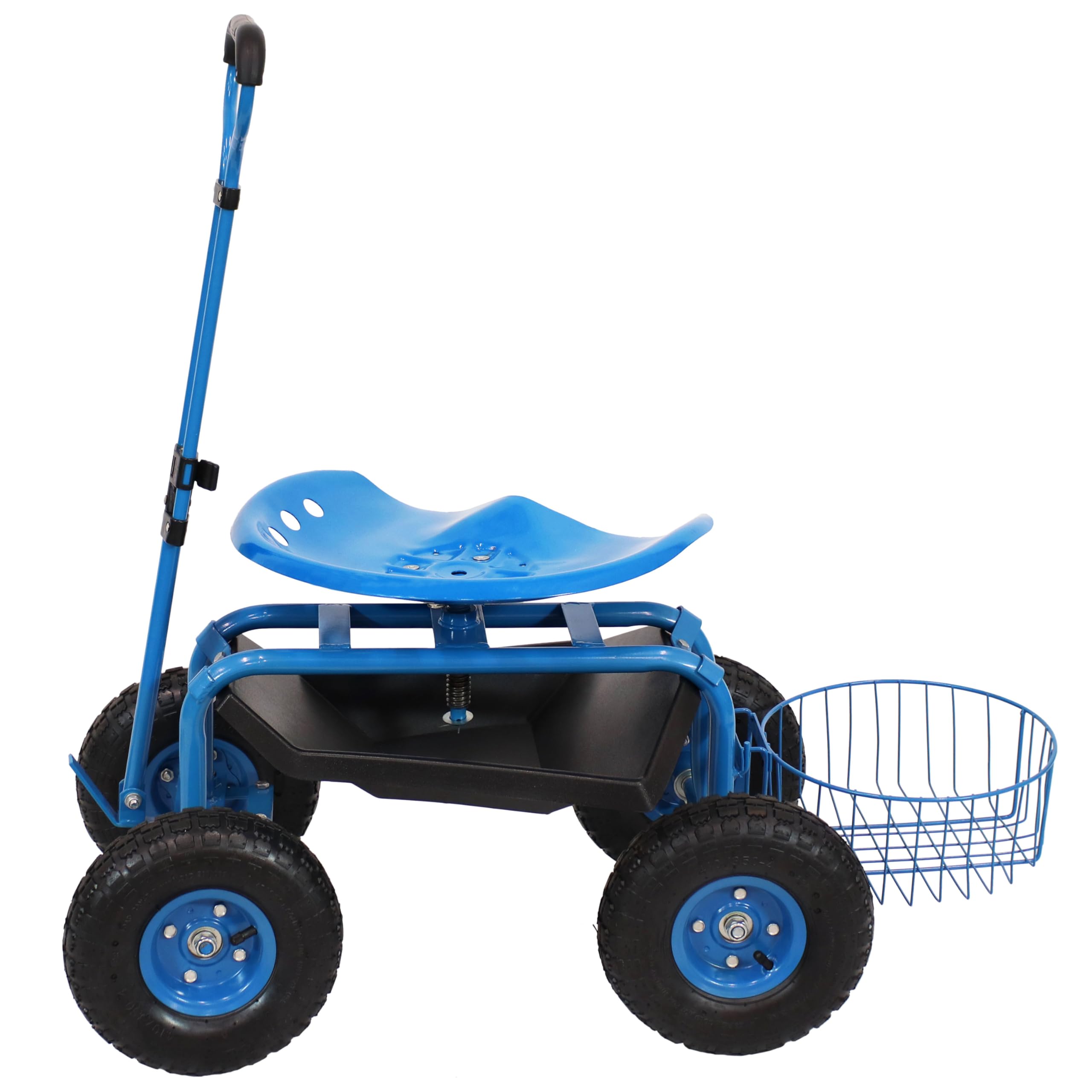 Sunnydaze Rolling Garden Stool with Wheels - Extendable Steer Handle, Swivel Seat & Utility Tool Tray - Blue Outdoor Gardening Seat for Planting, Weeding & Yard Work