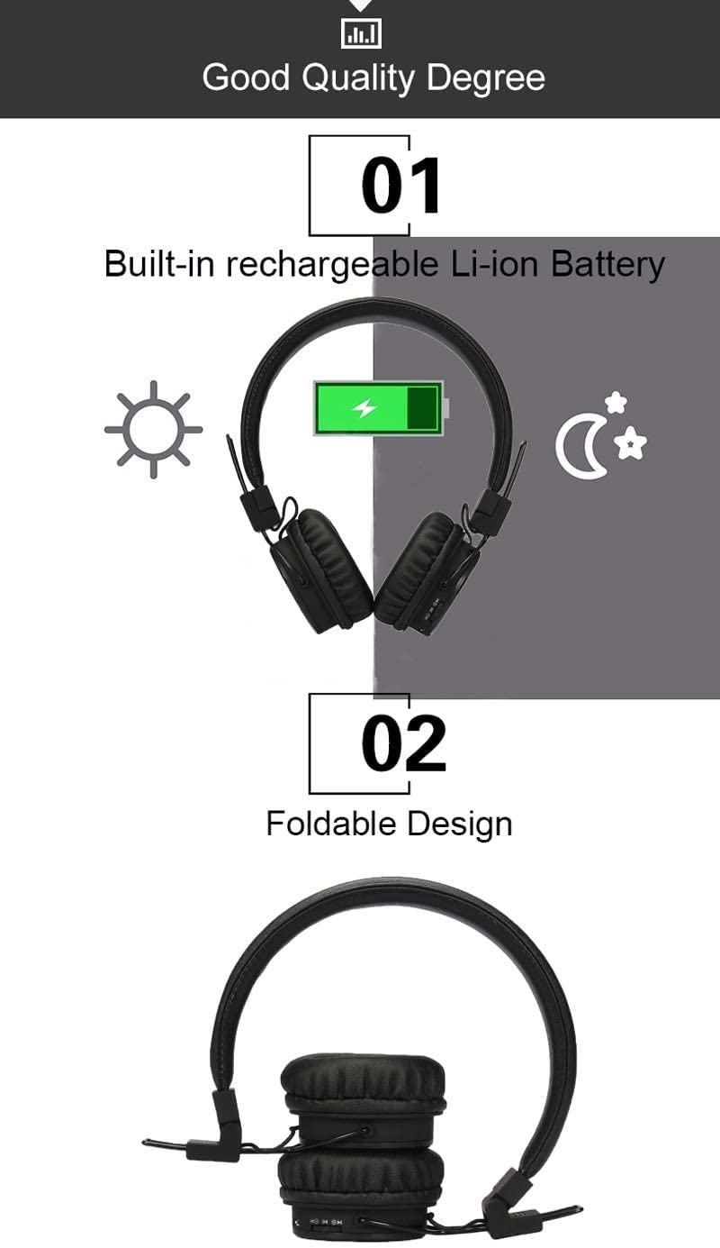 NIA Wireless Over Ear Headphones - Foldable Bluetooth Headset with Stereo Bass, 3.5mm Jack, Built-in Mic, MP3 Player & FM Radio - for Kids, Teens, Phone & Tablet Use - Perfect for School, Travel & Gaming - Black