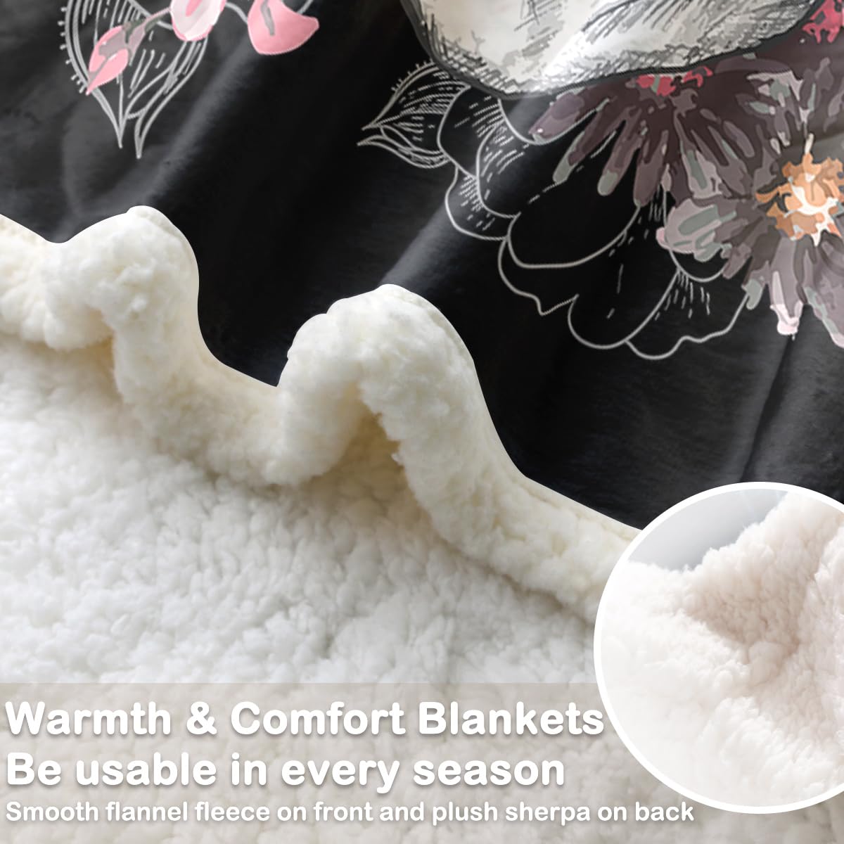 Sleepwish Fleece Throw Blanket - Skull Rose Sherpa Blanket for Women & Girls, Soft Fuzzy Black Pink Flower Blanket for Couch, Bed, Chair - Queen Size 90