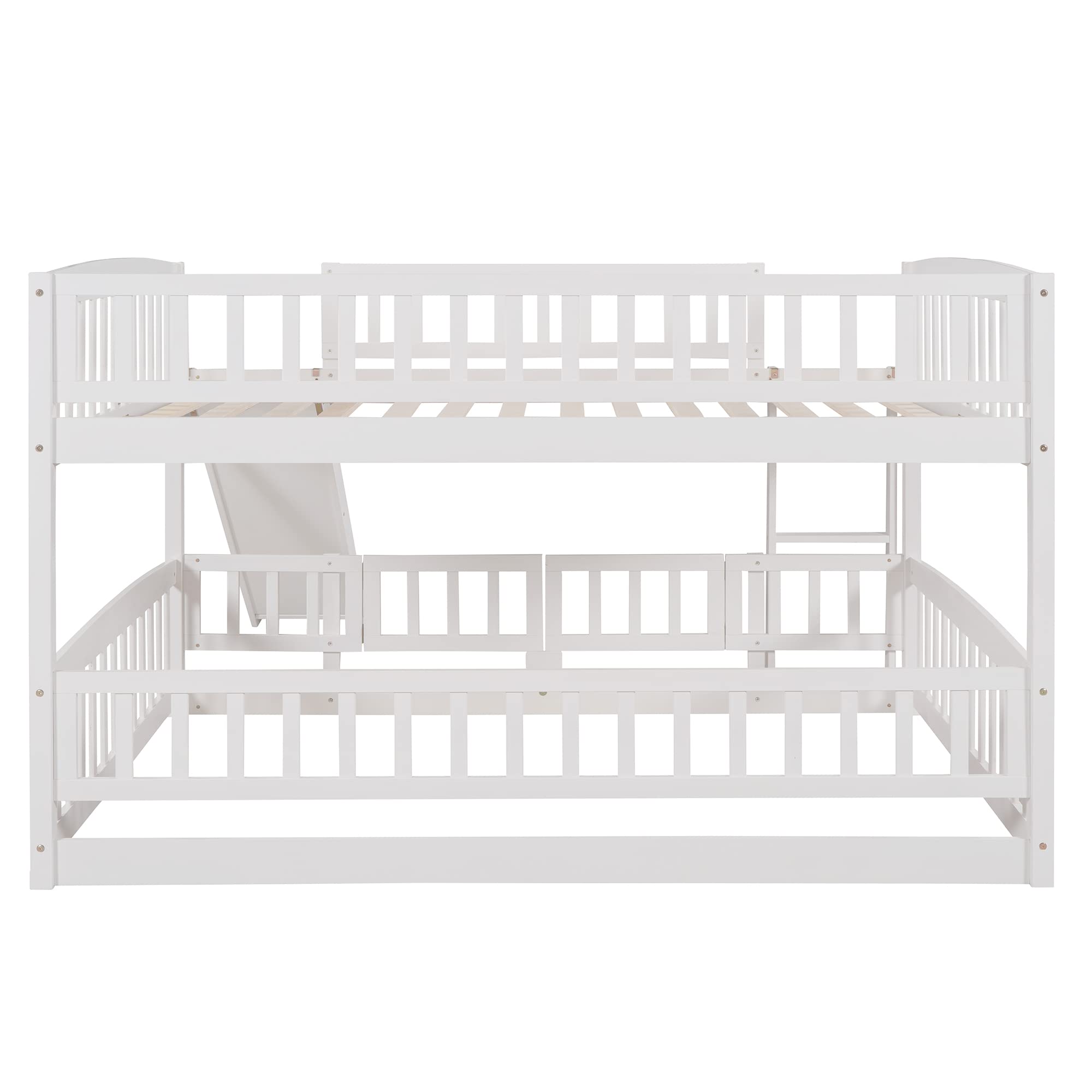 Merax Solid Wood Bunk Bed with Reversible Slide - Full Over Full Low Bunk Bed with Safety Fence & Ladder for Kids & Teens - White - Perfect for Kids' Bedrooms, Guest Rooms & Small Spaces