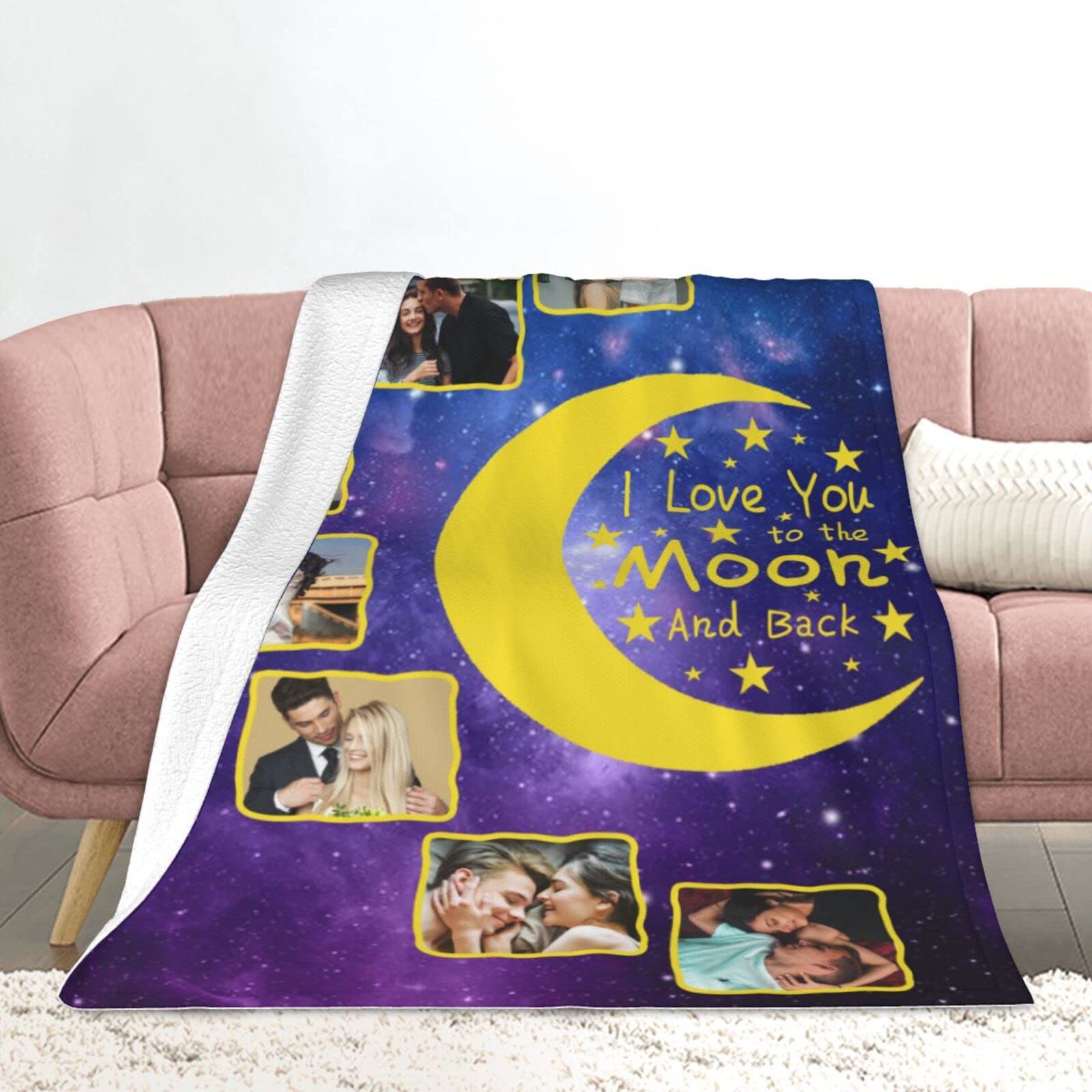 Personalized Photo Blanket - Custom 'I Love You to The Moon and Back' Fleece Throw - Heartwarming Gift for Family, Couples & Friends - Perfect for Anniversaries, Birthdays & Cozy Nights