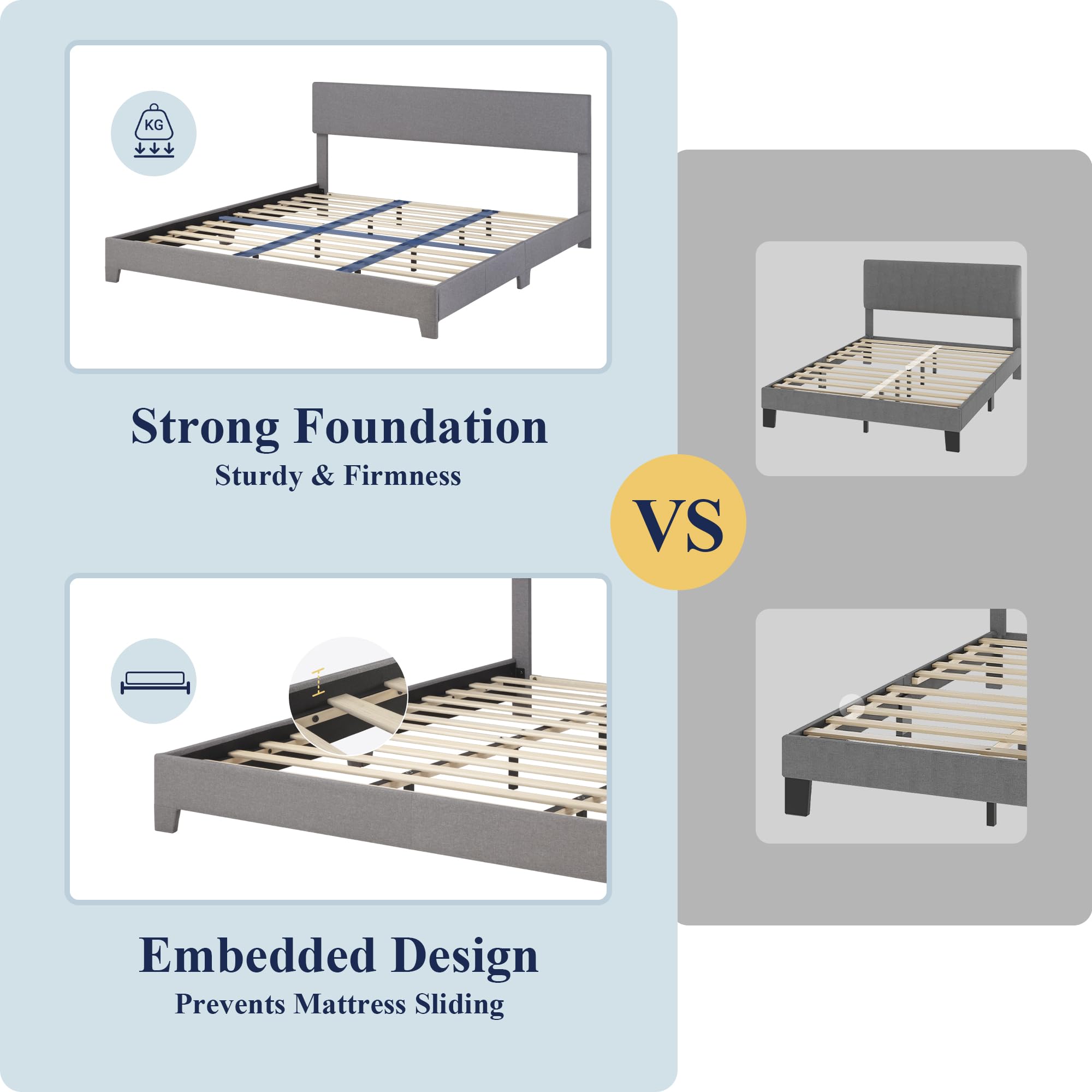 Allewie King Size Platform Bed Frame with Adjustable Upholstered Headboard - Sturdy Wood Slats & Heavy Duty Mattress Foundation - No Box Spring Needed - Quiet & Easy Assembly in Light Grey - Perfect for Master Bedroom, Guest Room or Modern Apartment