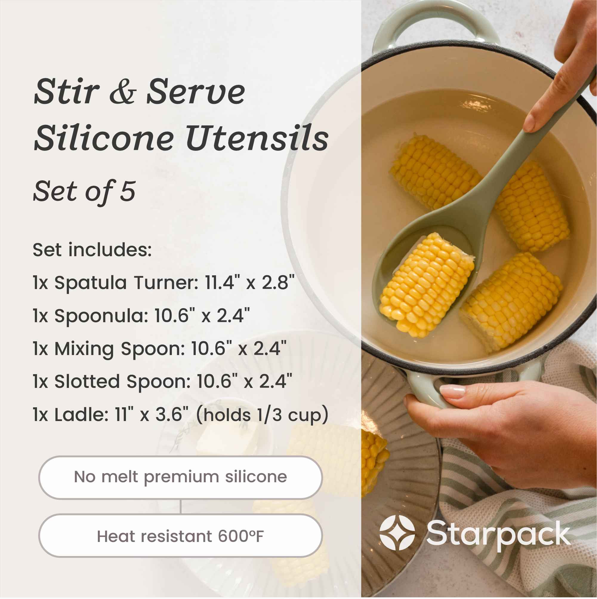 Premium 5-Piece Silicone Cooking Utensil Set - Heat-Resistant, Non-Stick Kitchen Tools for Baking, Mixing & Serving - Perfect for Pots, Pans & Cookware