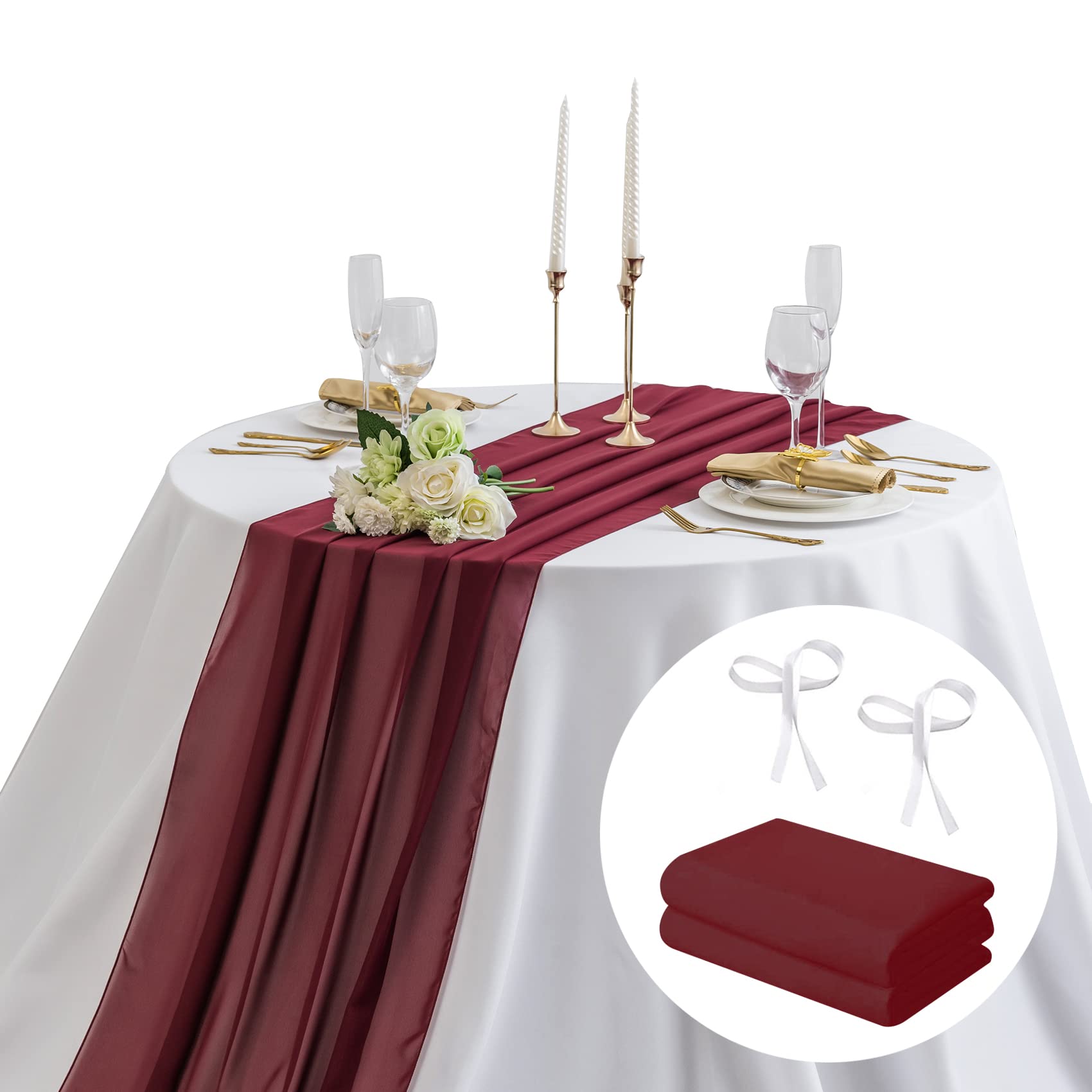 2-Pack Burgundy Chiffon Table Runners 29x120 Inches - AILITI Sheer Gauze Wedding Table Decor for Romantic Bridal Showers, Baby Showers & Birthday Parties - Perfect for Cake Tables, Buffet Displays & Rustic Event Decorations