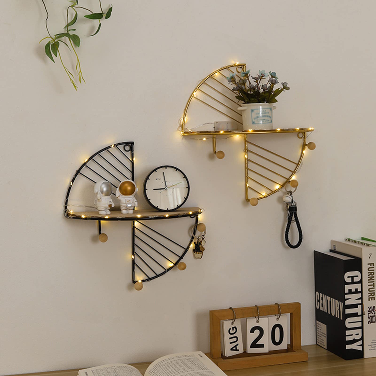 Floating Shelves Wall Mounted - Half Round Wood & Metal Semi-Circle Wall Shelf - Decorative Hanging Shelves for Living Room, Bathroom, Kitchen - Perfect for Displaying Plants, Books & Home Decor