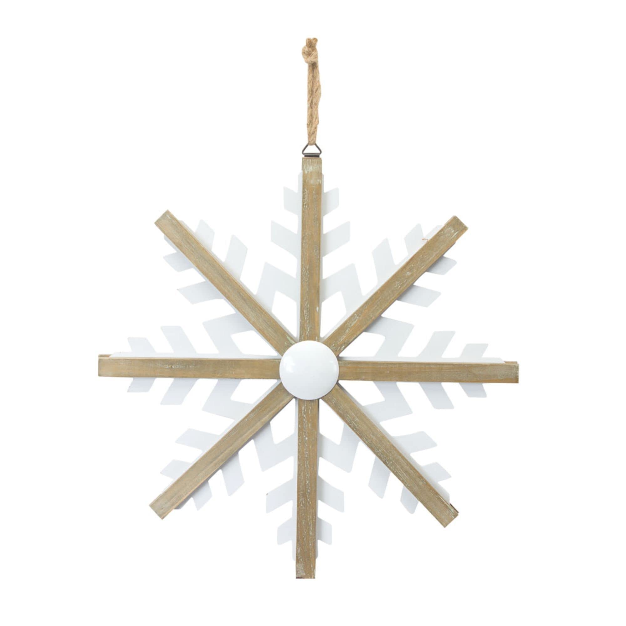 Snowflake Ornament Set of 2 - 16 Inch Rustic Iron and Wood Christmas Tree Decorations for Holiday Home Decor, Winter Wedding, and Festive Party Decorations