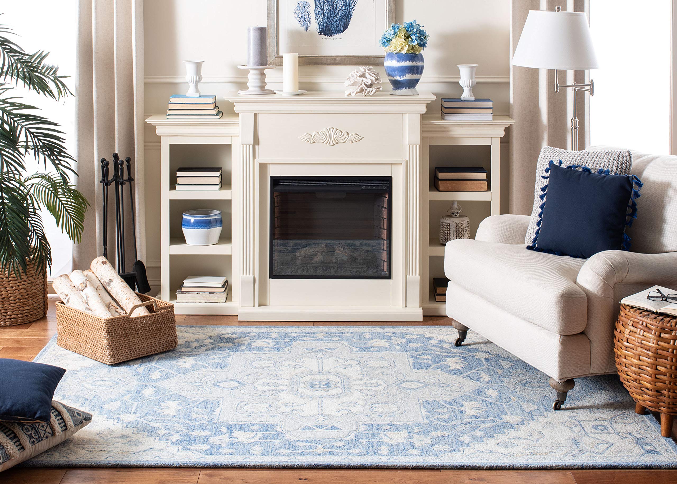 SAFAVIEH Micro-Loop Collection 7' Square Blue Ivory MLP503M Handmade Premium Wool Area Rug - Shabby Chic Medallion Design for Living Room, Dining Room & Bedroom | Soft & Durable Floor Covering for Home Decor