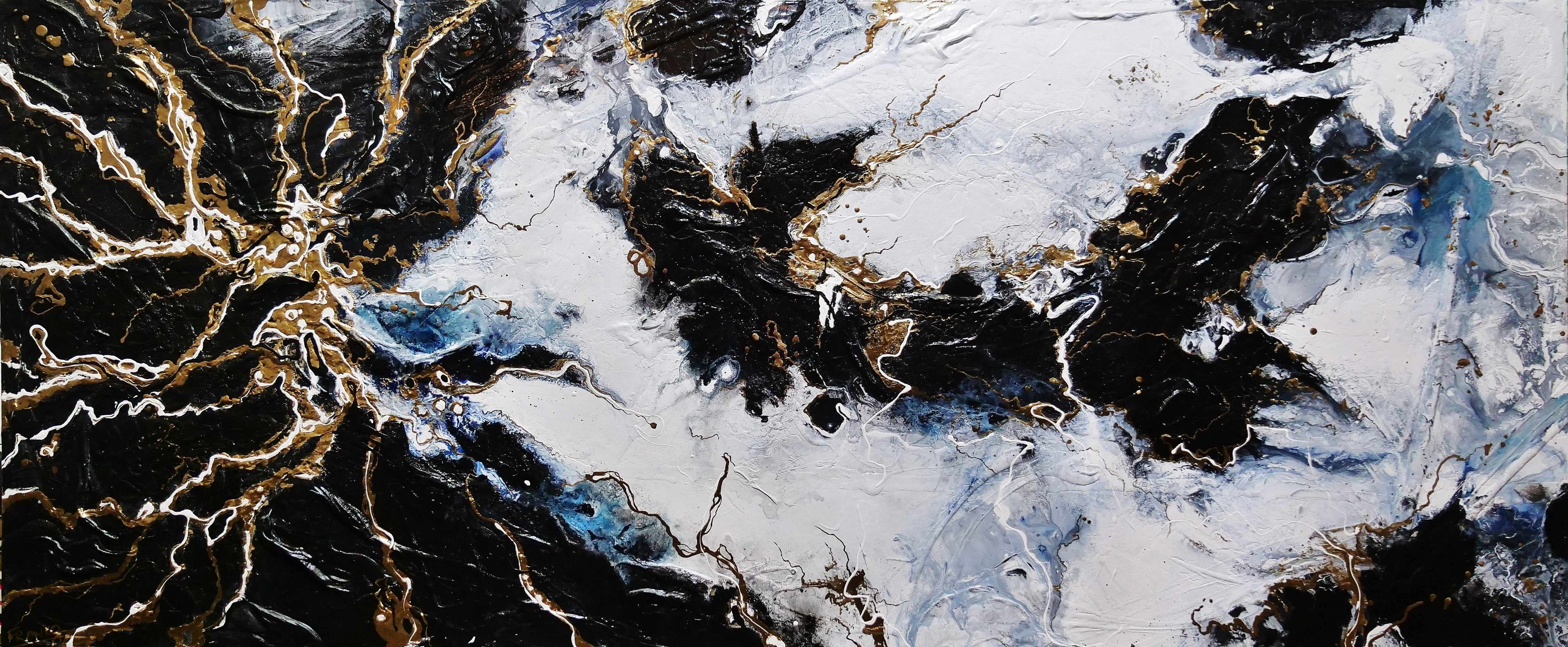 Golden Rapture 240x100cm Black White Gold Textured Abstract Canvas Art - Modern Wall Decor for Living Room, Bedroom & Office