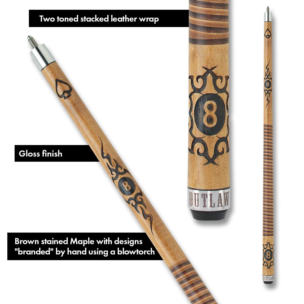 OUTLAW OL29 Original Pool Cue - Premium Brown Stained Maple Shaft with Eight Ball & Spade Inlay Design | Professional Billiards Stick for Pool Halls, Game Rooms & Home Recreation