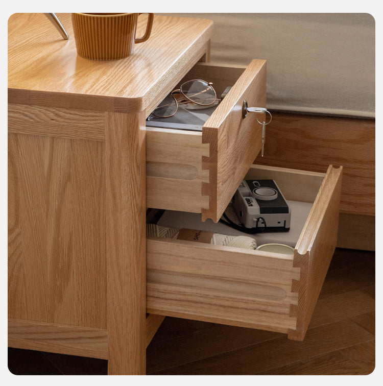 Solid Oak Wood Nightstand with Locking Drawer - Stylish and Durable Bedside Table for Bedroom, Living Room, or Guest Room