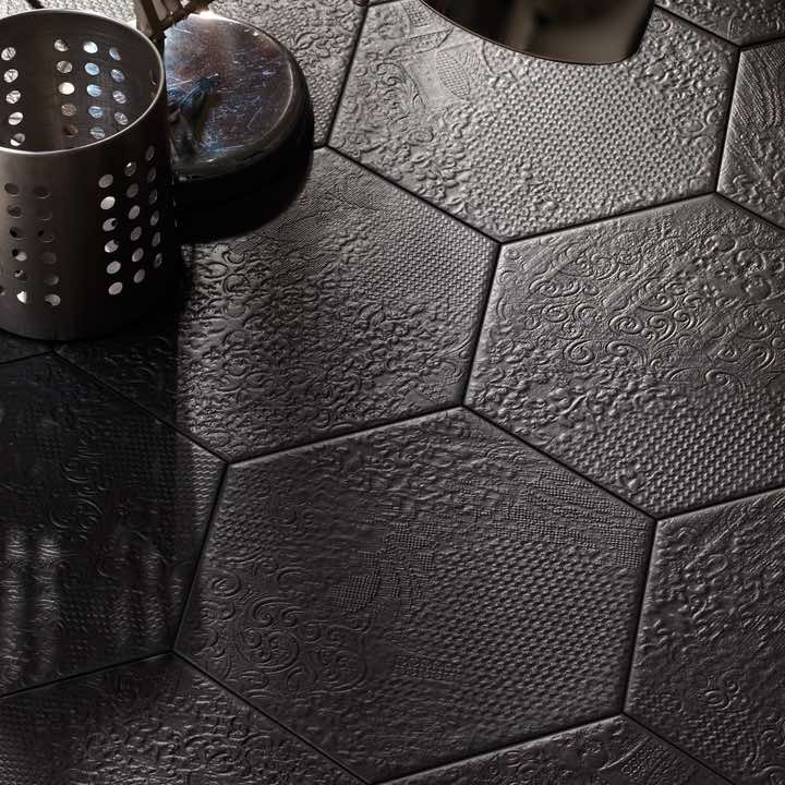 Hexagon Textured Black Porcelain Tile 9x10 - Matte Finish for Kitchen Backsplash, Bathroom Floor & Wall, Modern Home Decor