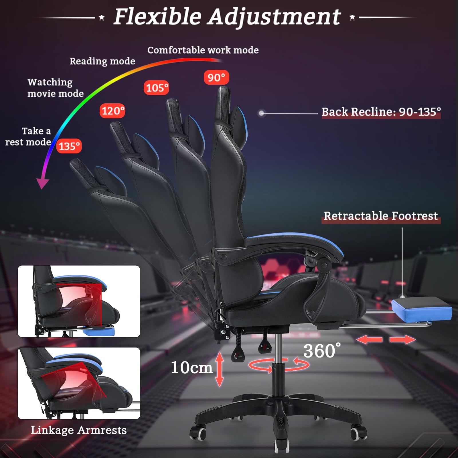 Ergonomic Gaming Chair with Massage, LED Lights & Adjustable Lumbar Support - High Back Computer Chair with Footrest for PC & Console Gamers - Perfect for Esports, Streaming & Home Office (Blue & Black)
