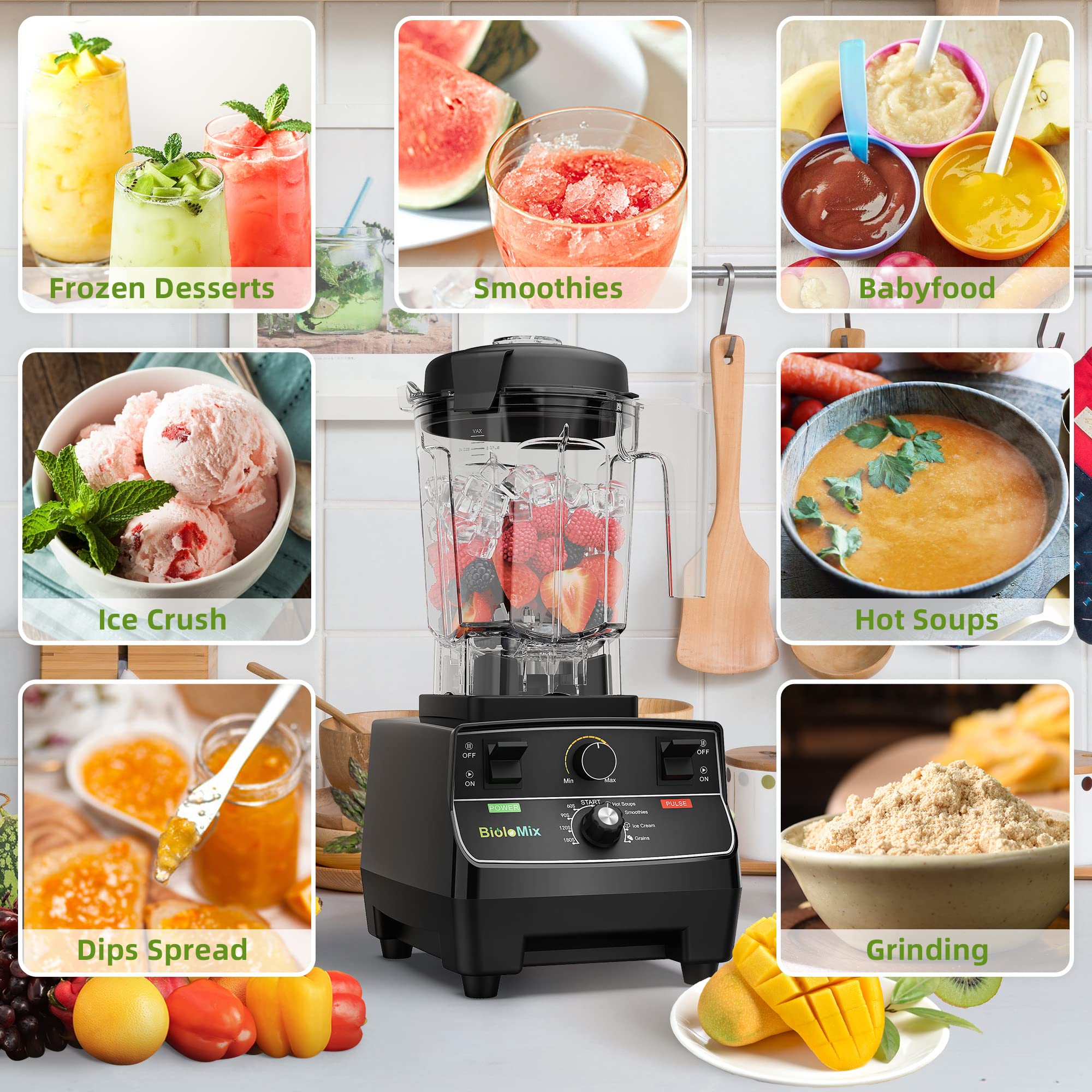 Biolomix 2200W High-Power Professional Smoothie Blender - 68oz Pitcher, Smart Presets, Ice Crushing & Soup Making - Commercial Countertop Blender for Kitchen with Extra Parts & 600ML Grinding Cups - Perfect for Smoothies, Juices, Nut Butters & Meal Prep