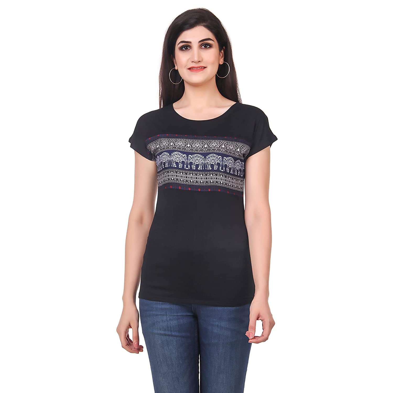 Kanchan World Women's Casual Rajasthani Print Polo Neck T-Shirt - Black, XL | Ethnic Indian Style Cotton Top for Women | Perfect for Casual Wear, Festivals & Cultural Events