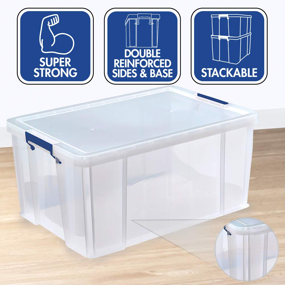 Bankers Box ProStore Clear Plastic Storage Boxes with Lids - 3-Pack (2 x 70L + 1 x 85L) | Heavy Duty Stackable Storage Containers | Made in UK | Ideal for Home Organization, Office Supplies & Garage Storage