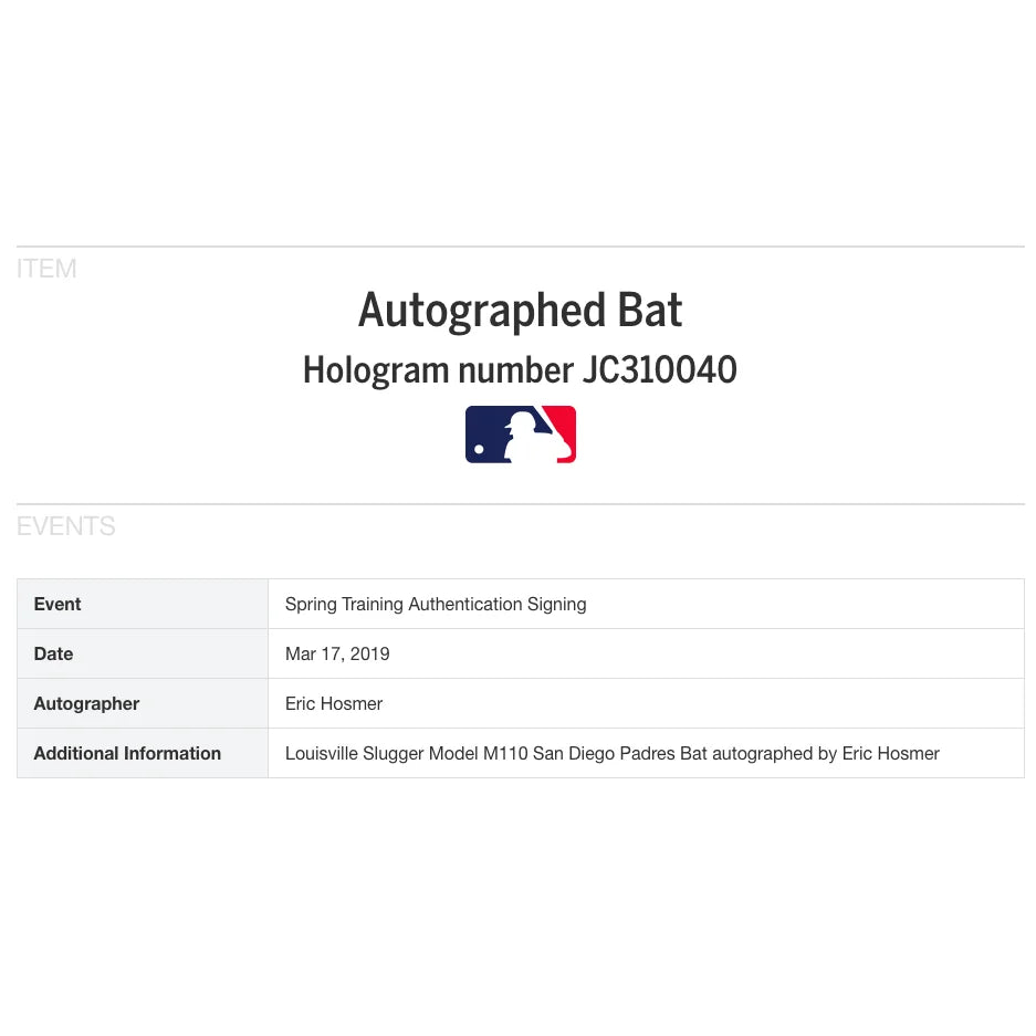 Eric Hosmer Autographed Baseball Bat - San Diego Padres & Kansas City Royals - MLB Authenticated with COA - Perfect for Collectors, Fans & Sports Memorabilia Displays