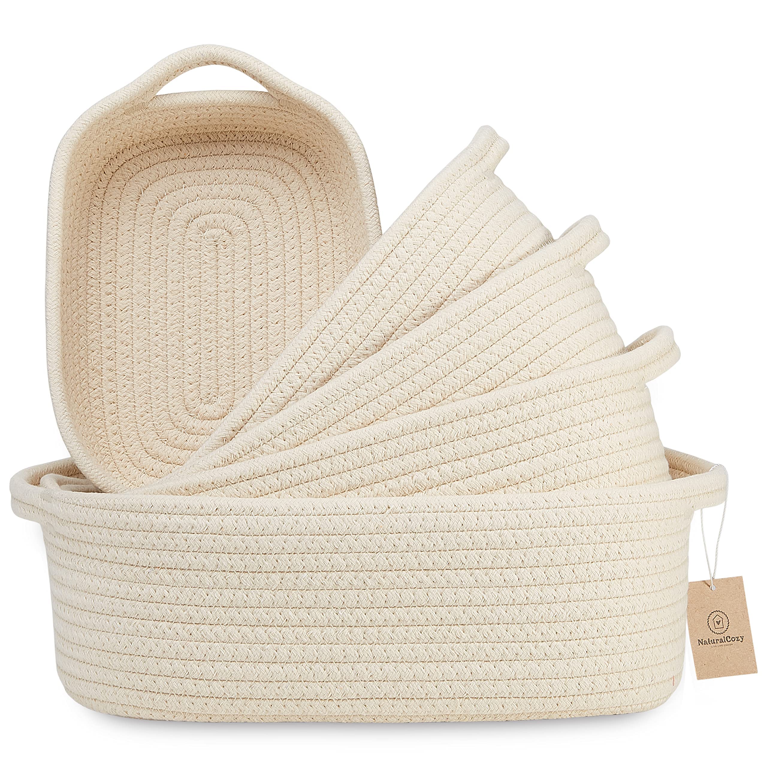 NaturalCozy 5-Piece Rectangle Storage Basket Set - Handwoven Cotton Rope Organizer Bins for Home, Nursery & Pet Toys | Perfect for Montessori, Baby Room, Dog & Cat Toy Storage, Bathroom Organization & Clutter Control