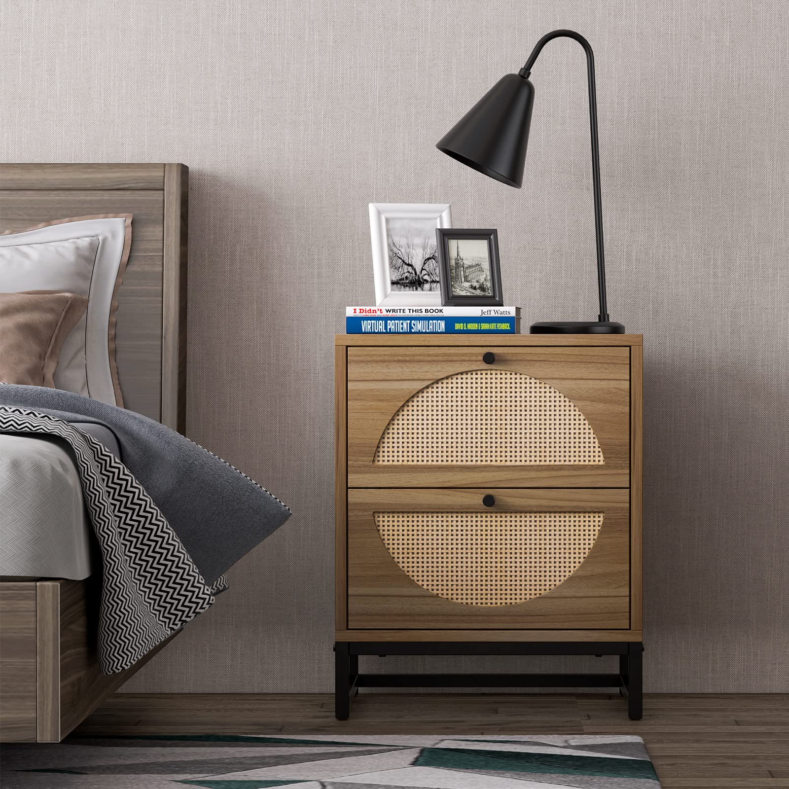 Vistavie Rattan Side Table - Wooden Nightstand, End Table, Boho Bedside Table with Drawer in Black Walnut - Perfect for Living Room, Bedroom, or Patio Decor