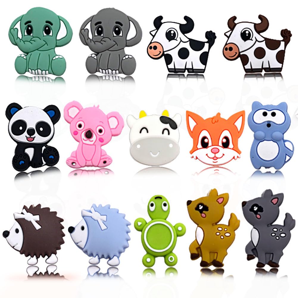 14PCS Cute Animal Silicone Beads Set - DIY Polygonal Beads for Bracelet, Necklace & Jewelry Making - Bulk Pen Charms for School, Office & Craft Projects (Assorted Animal Shapes)