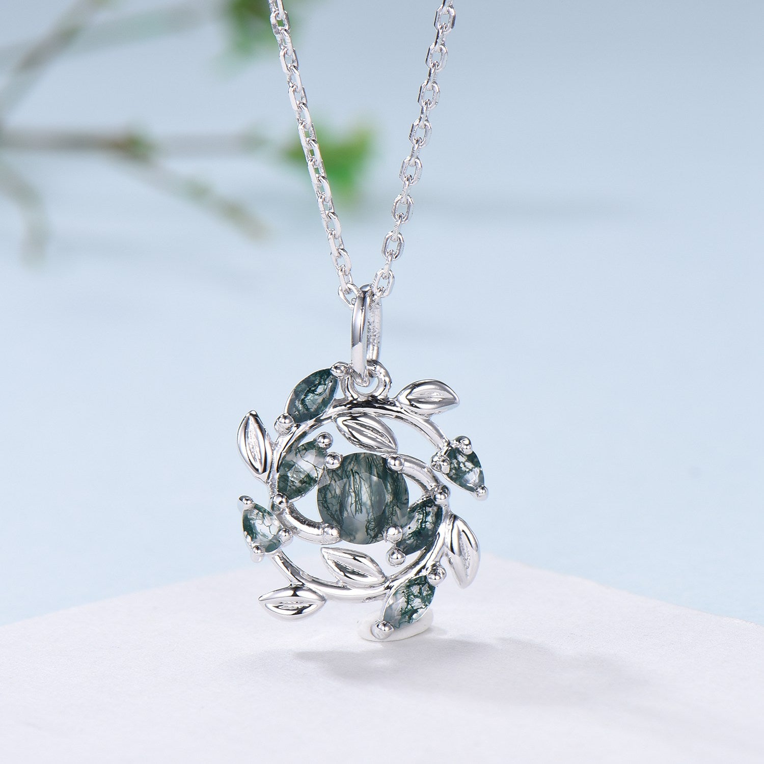 5mm Round Moss Agate Necklace - Nature Inspired Green Agate Pendant with Marquise & Pear Cut | Flower & Snowflake Design | Unique Anniversary Gift for Women | Perfect for Weddings, Date Nights & Special Occasions